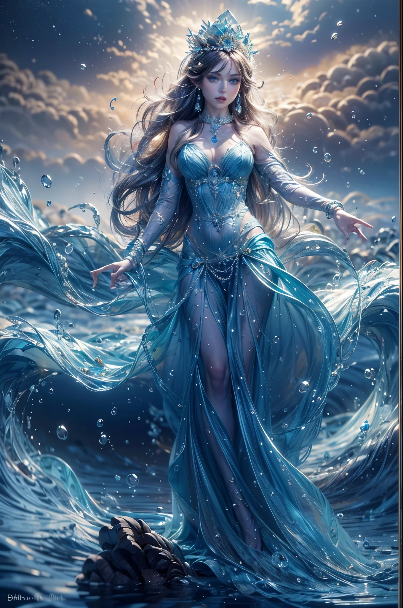 "(masterpiece: 1.2), 8K UHD resolution, Water Goddess, standing ethereal amidst a vast shimmering ocean. Her silhouette merges with cascading waterfalls and fluid streams. Wearing a detailed crown adorned with pearls, and a gown as translucent as liquid silk embellished with sea jewels and corals. In her hand, she holds a trident, a symbol of her dominion over the seas. Her intense, glowing blue eyes capture the essence of the ocean, radiating an inner luminescence that beckons the mysteries of the deep."