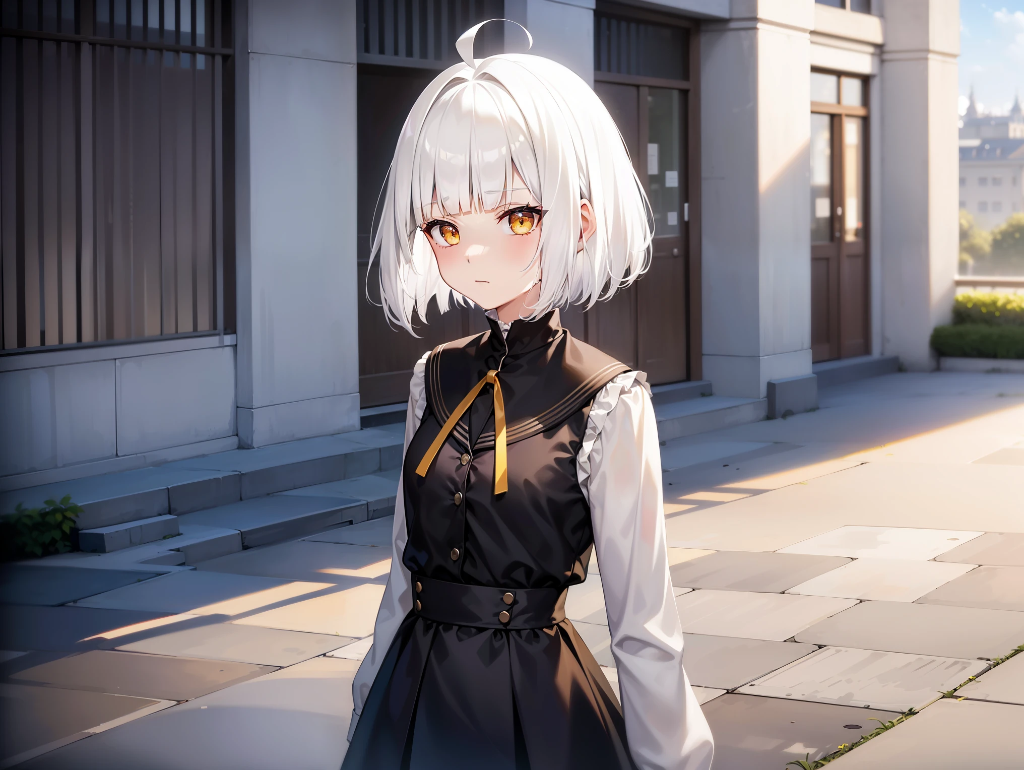 Cimematic vision, nigth, ((1girl)), (lolita), ((((short white hair)))), (((blunt bangs))), yellow eyes, ((cabelo emaranhado)), ((((no expression)))), Sonolenta, ((ahoge)), black School uniform, desleixada, ((melhor qualidade)), ((obra de arte)), (detalhado), rosto perfeito, ((style novel)), ((on the school terrace))