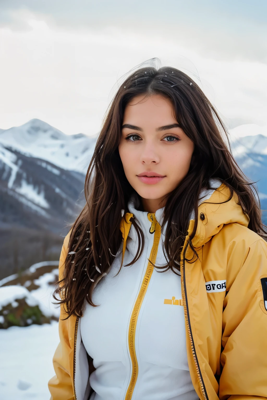 Beautiful brunette girl with a ski outfit (standing against the backdrop of a fabulous snow mountain), Very detailed, 25 years old, innocent face, natural wavy hair, brown eyes, High resolution, Masterpiece, Best quality, Intricate details, highly detailed, sharp focus, detailed skin, realistic skin texture, texture, detailed eyes, professional, 4K, charming smile, shot on Canon, 85mm, shallow depth of field, Kodak Vision color, perfect fit body, Extremely detailed, photographed_\(ultra\), photorealistic, Realistic, Post-processing, Maximum details, roughness, real life, ultra realist, photorealism, photography, 8K UHD, photography.