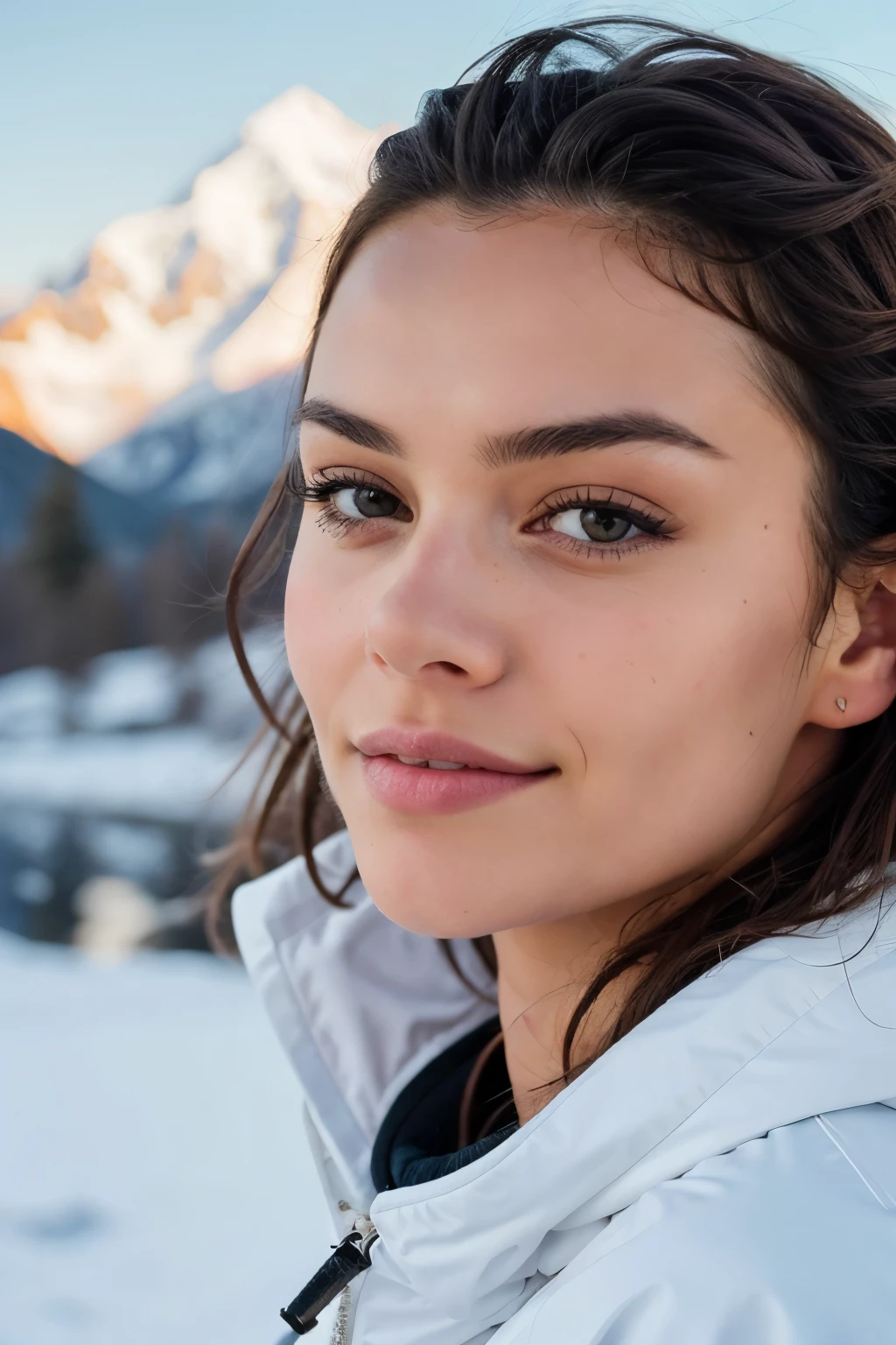 Beautiful brunette girl with a ski outfit (standing against the backdrop of a fabulous snow mountain), Very detailed, 25 years old, innocent face, natural wavy hair, brown eyes, High resolution, Masterpiece, Best quality, Intricate details, highly detailed, sharp focus, detailed skin, realistic skin texture, texture, detailed eyes, professional, 4K, charming smile, shot on Canon, 85mm, shallow depth of field, Kodak Vision color, perfect fit body, Extremely detailed, photographed_\(ultra\), photorealistic, Realistic, Post-processing, Maximum details, roughness, real life, ultra realist, photorealism, photography, 8K UHD, photography.