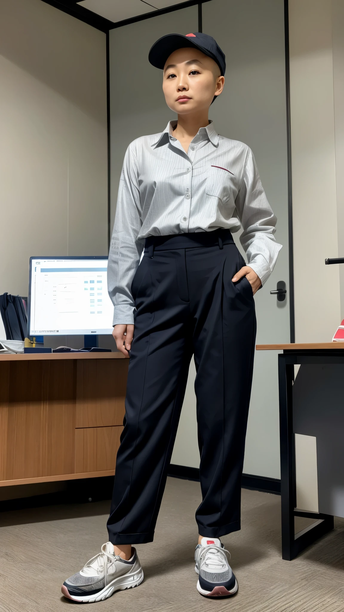A middle age Japanese woman with bald hair and detailed feminine face features wearing a hat, long Sleeved shirt, long pants, and sneakers standing in an office working 