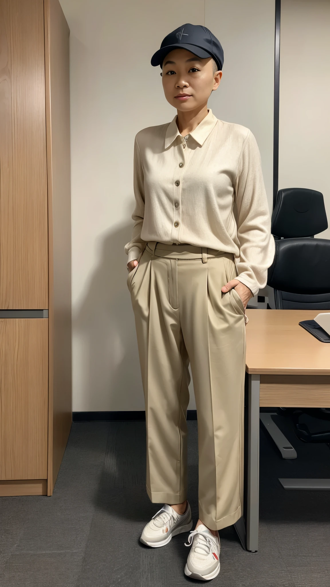 A middle age Japanese woman with bald hair and detailed feminine face features wearing a hat, long Sleeved shirt, long pants, and sneakers standing in an office working