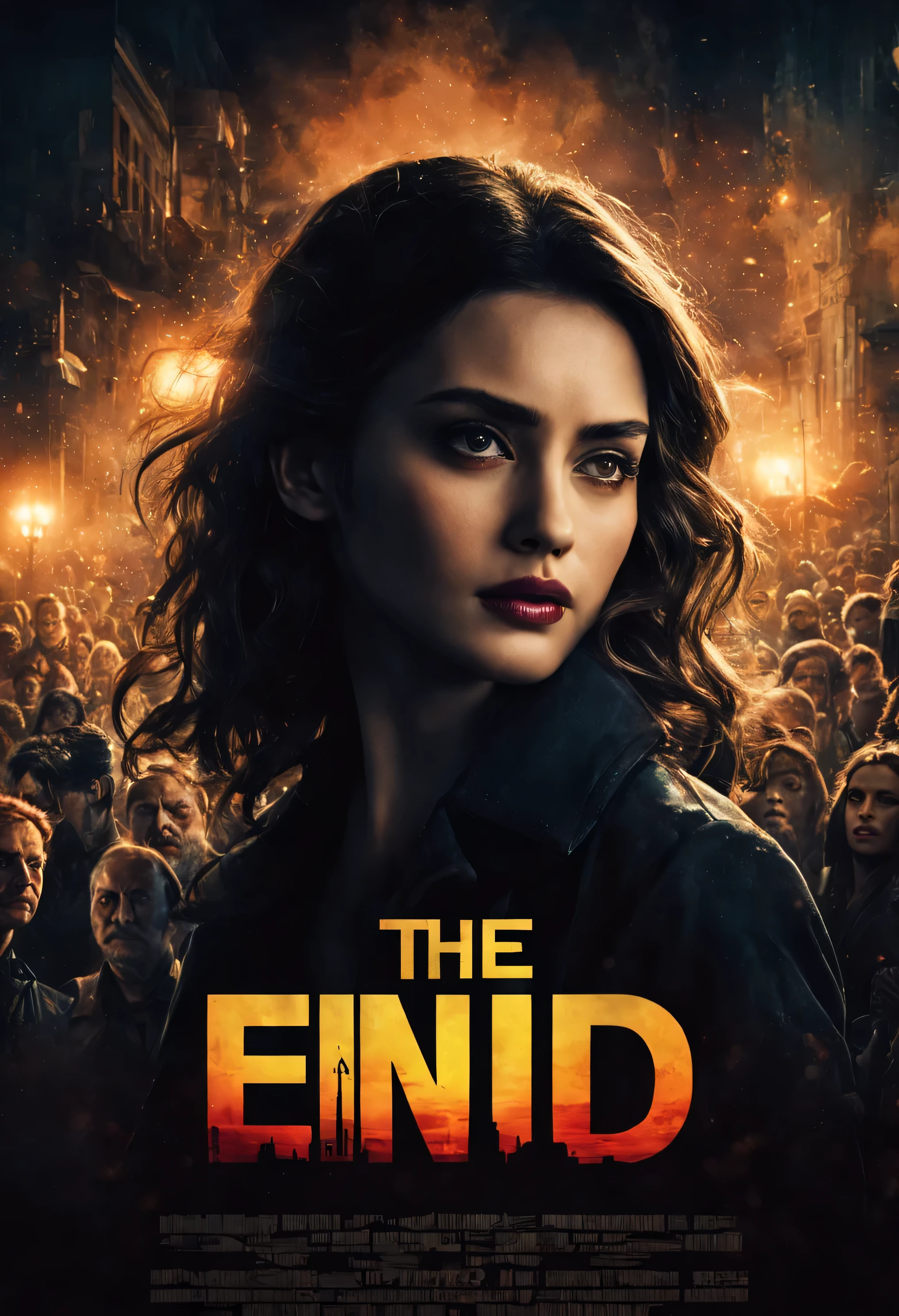 poster of the movie The End, title, and credits, highres, ultra-detailed, vivid colors, dramatic lighting, realistic, portraits, bokeh, cinematic, creative design, intense atmosphere, dark background, suspenseful, shadowy figures, melancholic tone, prominent typography, artistic composition, dynamic angles, contrasting colors, depth of field, striking visual effects, powerful emotions, haunting imagery, captivating visuals, atmospheric setting, theatrical, mysterious ambiance, skilled craftsmanship, authentic characters, intriguing narrative, professional artwork, captivating storyline, enigmatic expressions, cinematic style, thought-provoking symbolism, compelling poster design, iconic visuals, masterfully executed, visually stunning, visually engaging, attention-grabbing, memorable, reminiscent of classic film posters