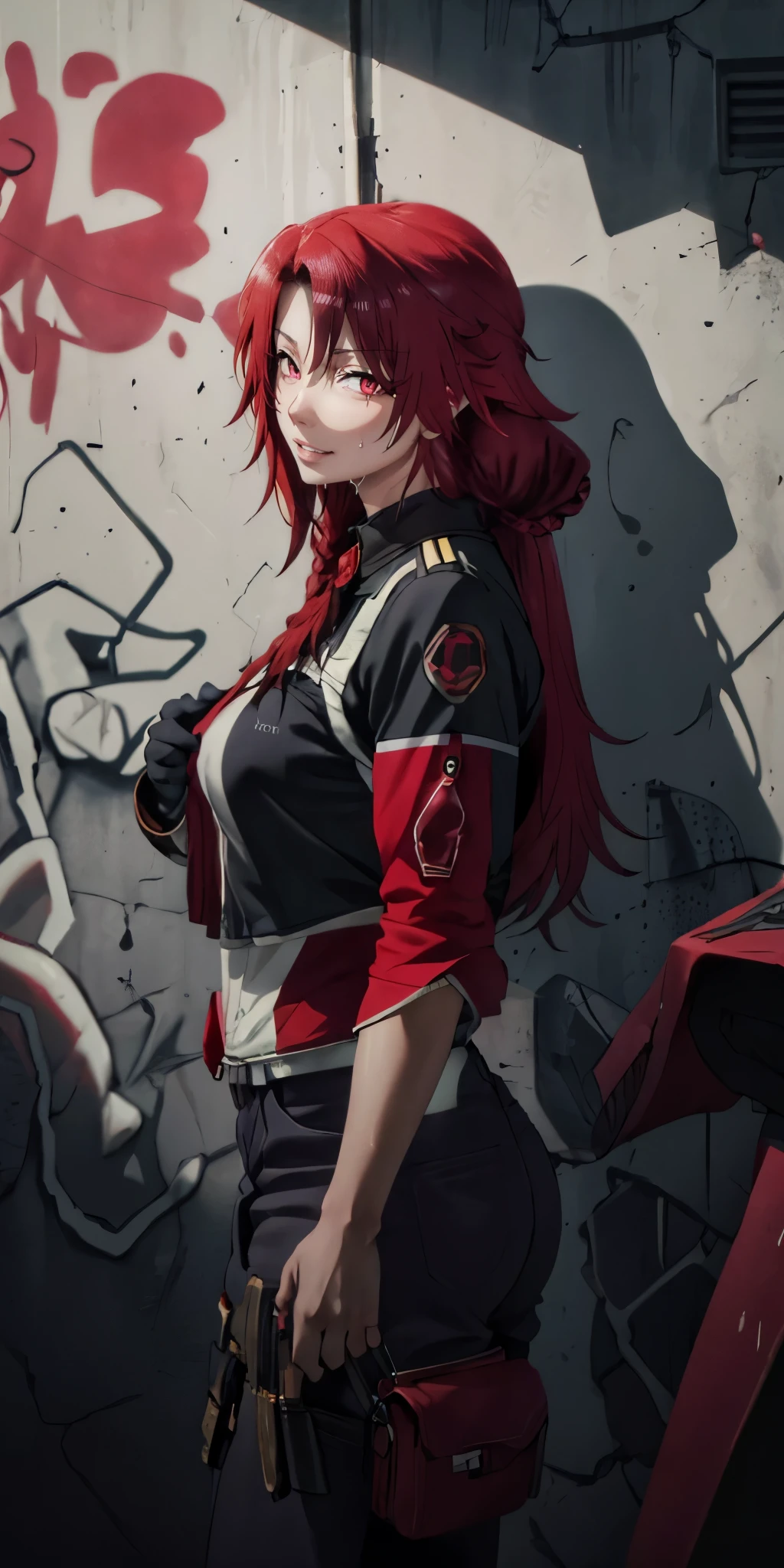 red hair, long hair, braid, red eyes, muscular female, anatomically correct, best quality, masterpiece, high quality, high details, highres, HD, (shaded face:1.2), hollow eyes, looking at viewer, heavy breathing, smirk, uppert teeth, best quality, masterpiece, high quality, high details, highres, HD, (shaded face:1.2), hollow eyes, blue eyes, looking at viewer, seductive smile, Masterpiece, 1girl, busty woman, standing in front of a graffiti wall, spray can , (base cap:1.3), long black hair, braided ponytail, cowboy shot, muscular female, sweating, wet, steaming body, big ass, 
