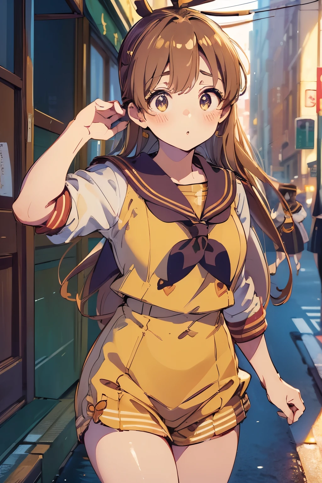 ((high quality, masterpiece, 4k, 8k, UHD)), facing forward, beautiful woman, brown bun hair, flower hair accesorylong eyelashes, sakura-colored cheeks, ((sailor suit:1.4)), Japanese idol, pretty girl, standing, street corner
