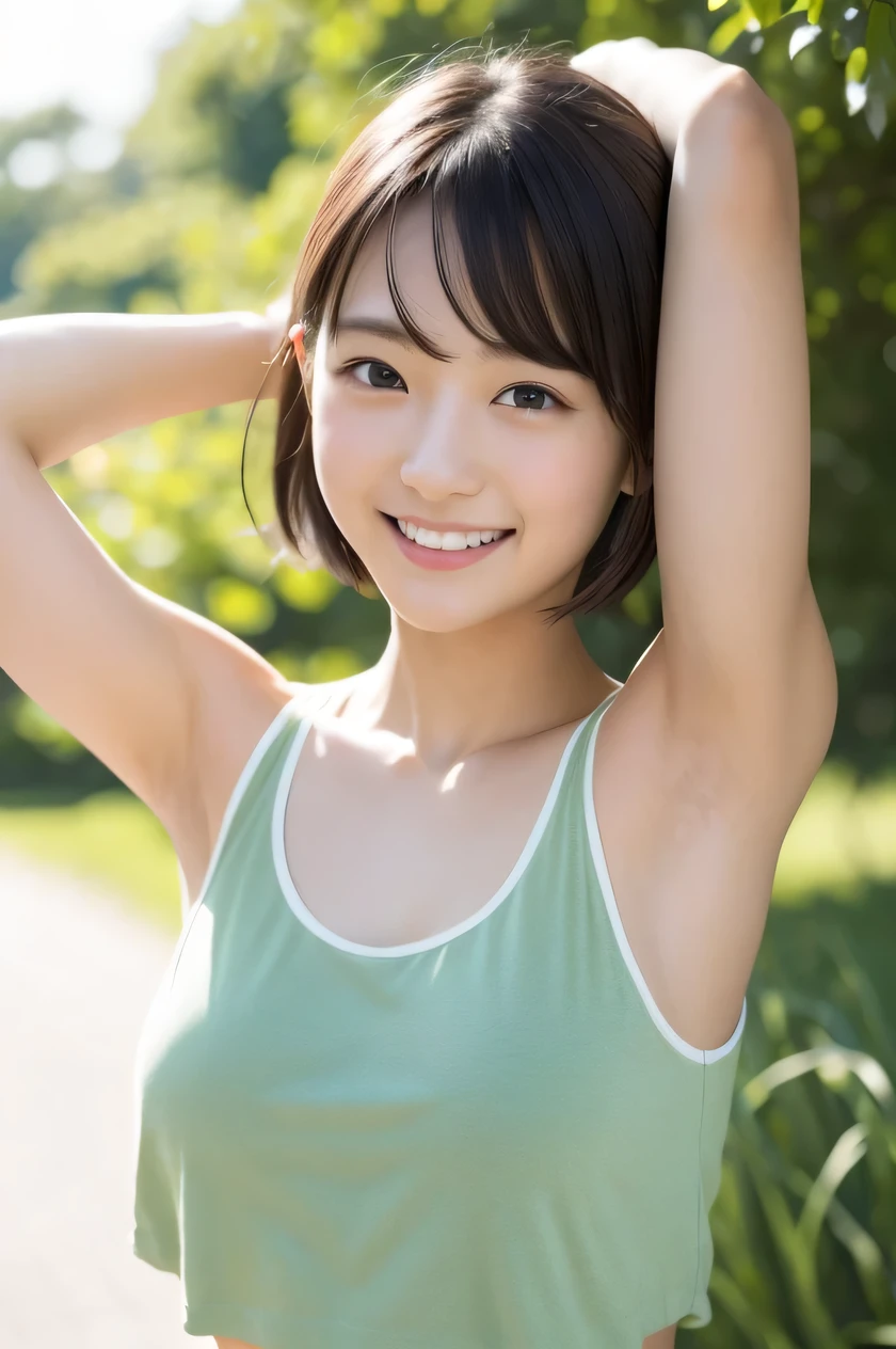 (one girl:1.3), Short hair, Japanese high-school student, Amazing face and eyes, Looking at the camera, Smile full of joy、show teeth、Raise your hands behind your head、Show the armpits、(green sports wear:1.2), (Best Quality:1.4), extremely detailed CG unified 8k wallpaper, Highly detailed, High-definition raw color photos, professional photograpy, Realistic full-body shots, Filming in the studio、Plain wallpaper, sexy portrait of girl, Open exterior, (from bottom:1.0), (looking down, watching at Viewer:1.3),