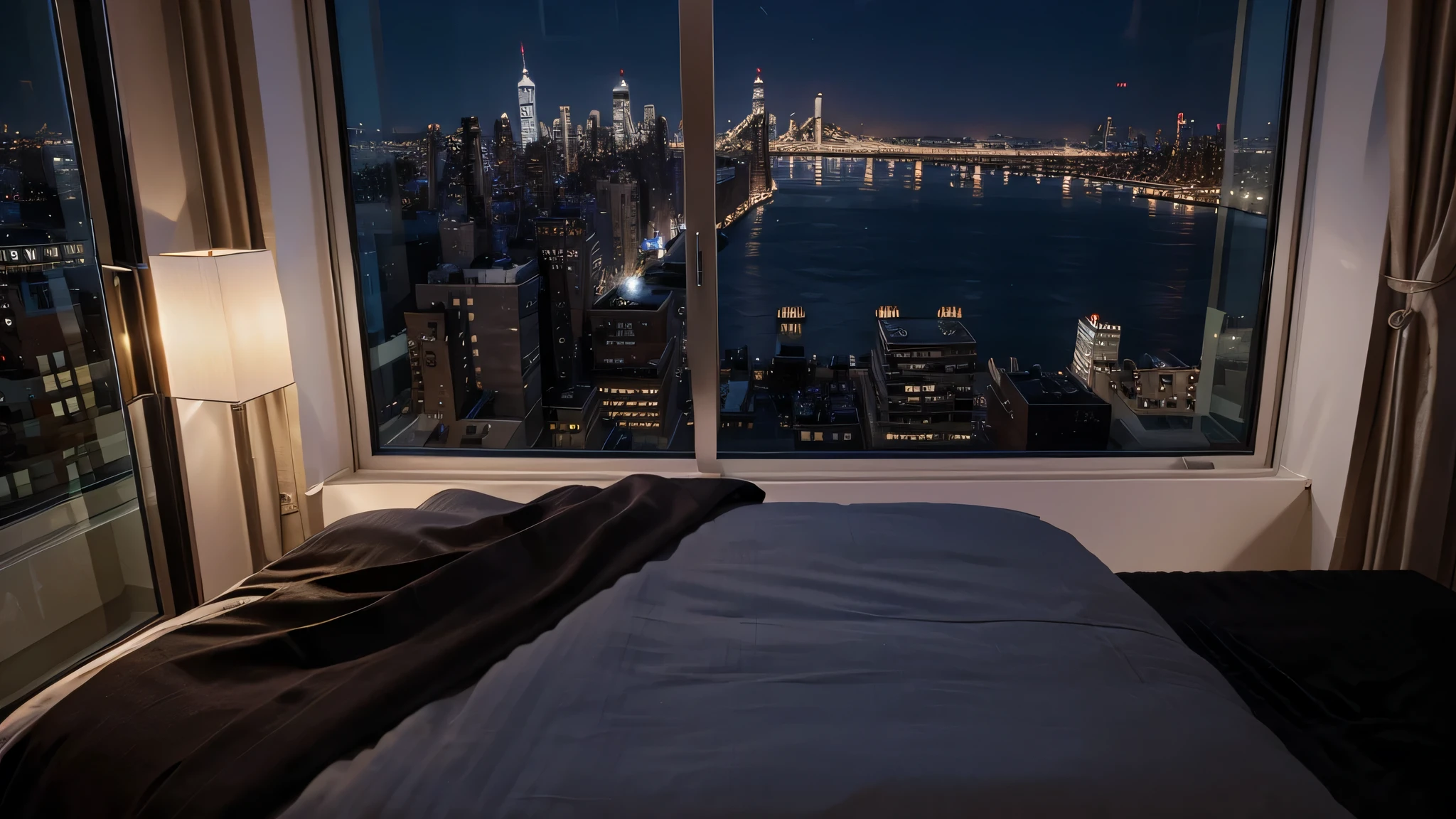luxury bedroom apartment new york large window night view of the city