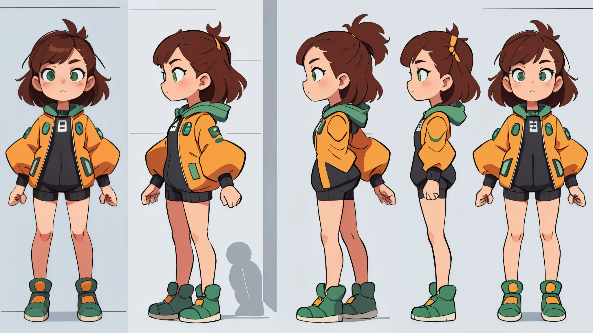  a girl in a space suit, side view,  green eyes, brown hair ( character sheet, Standing pose, different angles)