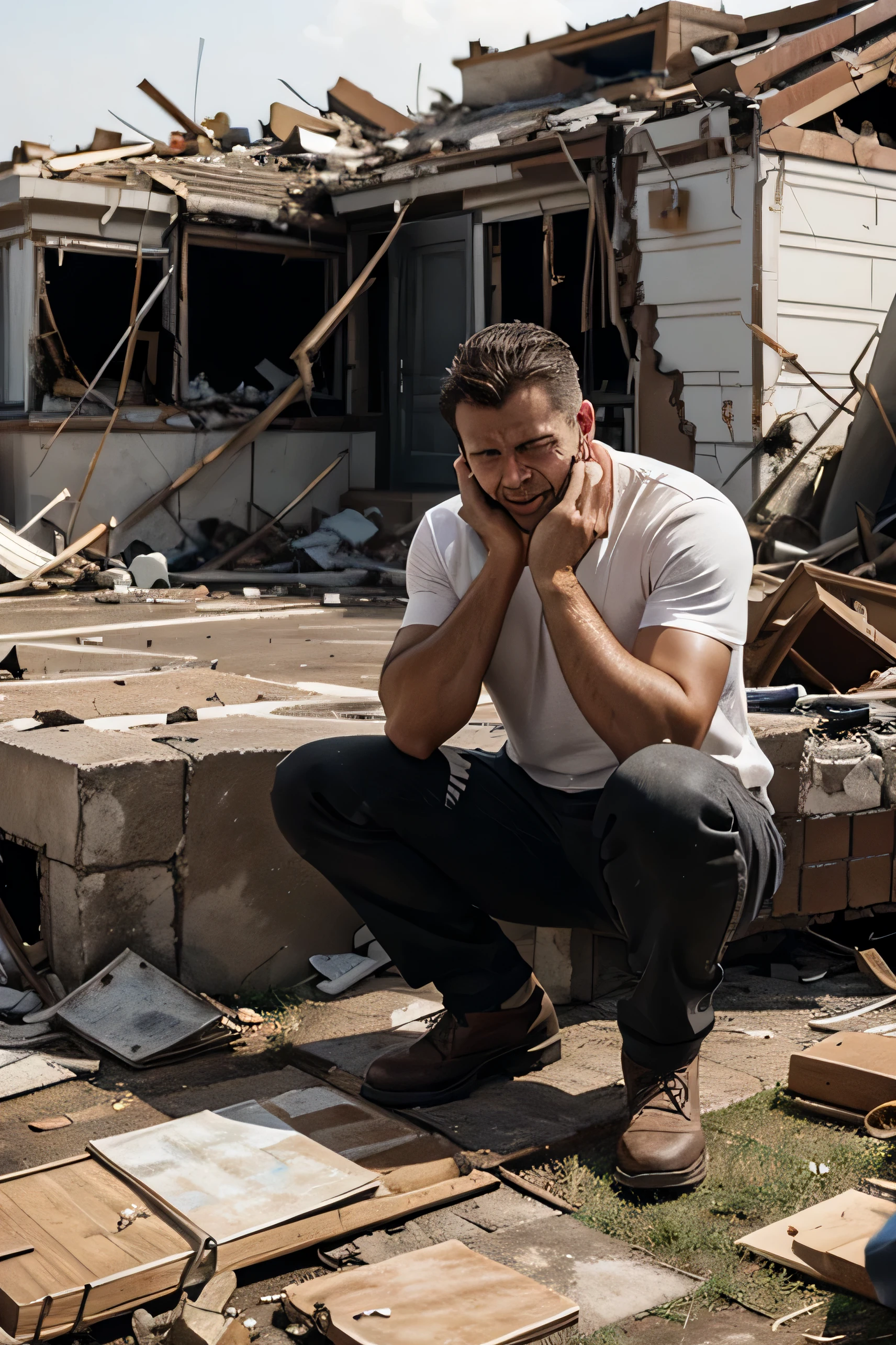 make a realistic man cry after seeing his house destroyed by a botched job