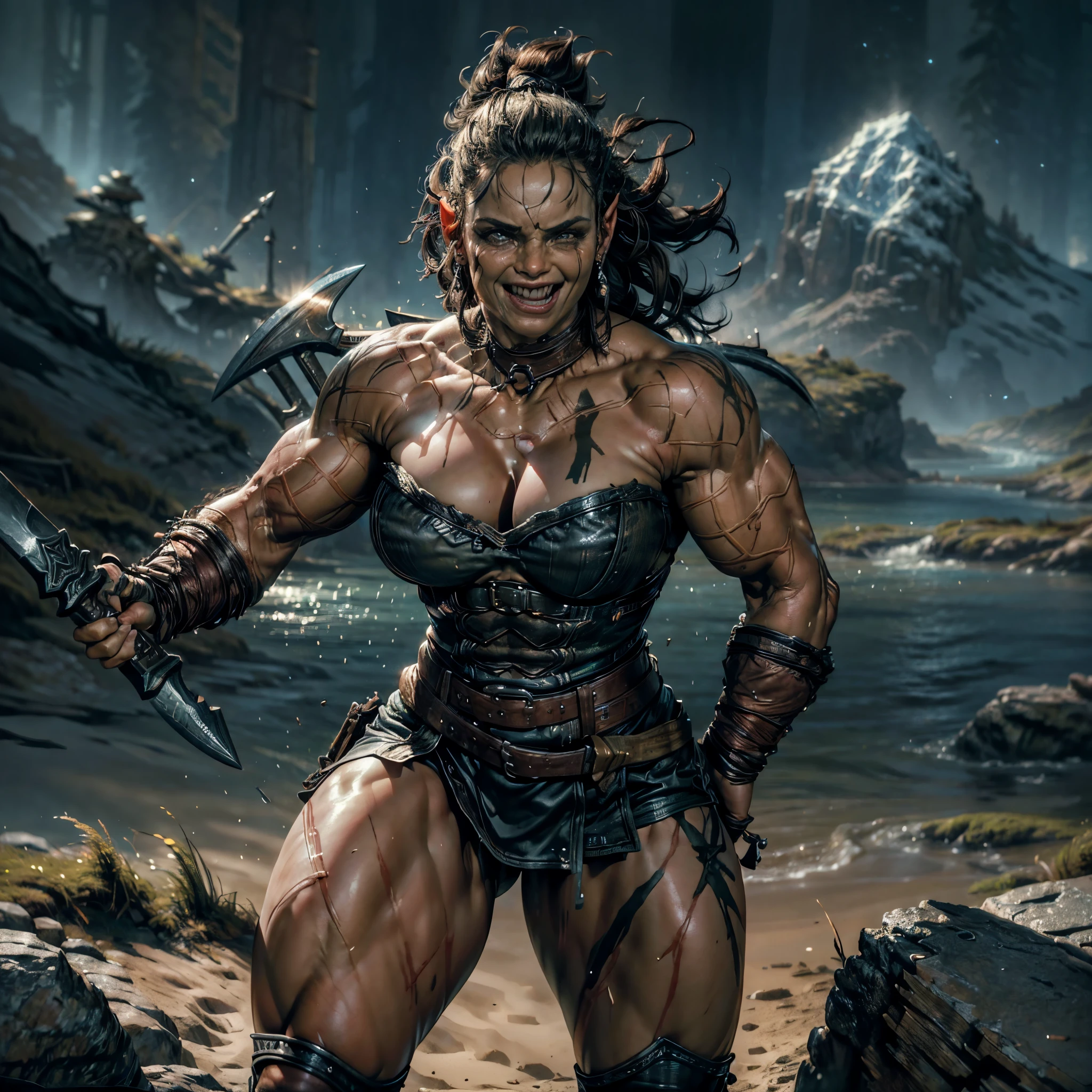 (best quality,4k,8k,highres,masterpiece:1.2),ultra-detailed, female orc wielding an ax, BULKY, smiling and laughing while in battle, under bite, Orc Diffusion, HDR, 8k, absurdres, cinestill 800, sharp focus, add_detail:2, (solo, woman)