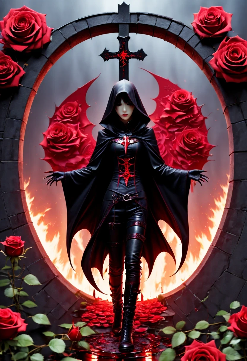 （Messenger from hell：1.4），(Rose田:1.5)，cross，one个巨大的吸Blood鬼，View of sickle from below，hell，magma，flame，（紫色flame：1.3），There is fresh Blood on the ground，Blood pool，dripping Blood，Gothic aesthetics，one、Rose、castle、cross、Blood、churchyard，gothic style的神秘、solemn and profound，gothic style，gothic style蕾丝的衣服、象征浪漫的Rose、grave、吸Blood鬼、witch、ruins、gothic cathedral，Gothic symbols series,Rose花园