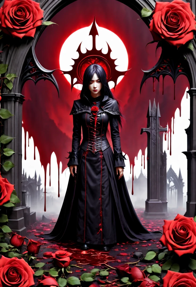 （Messenger from hell：1.4），(Rose田:1.5)，cross，one个巨大的吸Blood鬼，View of sickle from below，hell，magma，flame，（紫色flame：1.3），There is fresh Blood on the ground，Blood pool，dripping Blood，Gothic aesthetics，one、Rose、castle、cross、Blood、churchyard，gothic style的神秘、solemn and profound，gothic style，gothic style蕾丝的衣服、象征浪漫的Rose、grave、吸Blood鬼、witch、ruins、gothic cathedral，Gothic symbols series,Rose花园