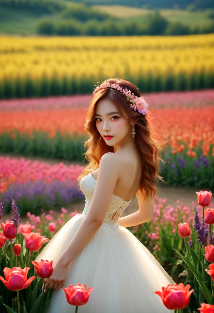 (best quality,4k,8k,high resolution,masterpiece:1.2),super detailed,(lifelike,photorealism,photorealismism:1.37),Colorful flower field,Beautiful girl in wedding dress,dreamlike atmosphere,sweet and happy,soft sunshine,bright colors,Quiet and peaceful,happy expression,romantic scene。Lavender,tulip,Rose