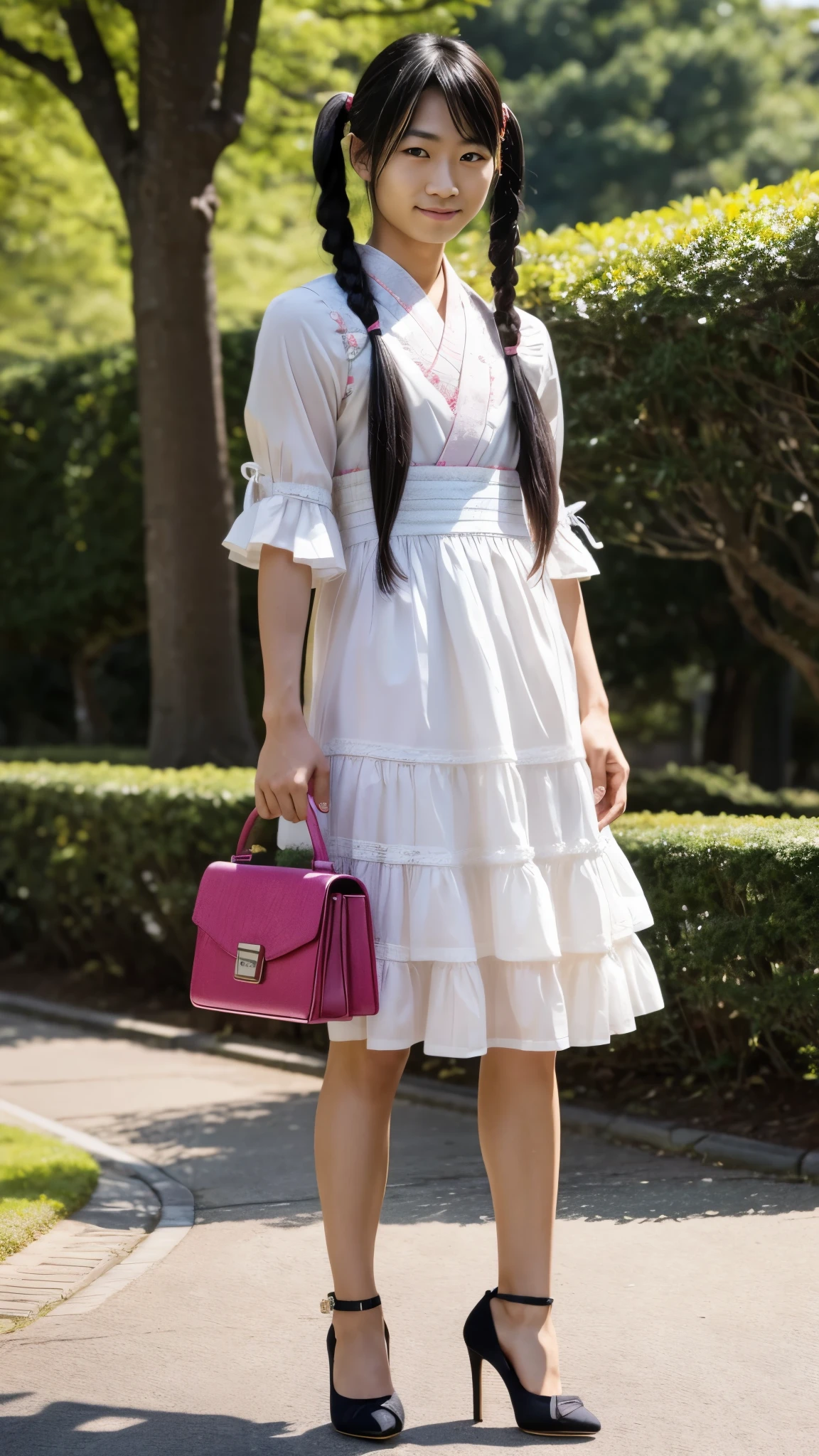 A Japanese man with detailed masculine face features and long twin tail hair wearing a frilly dress, heels, and holding a hand bag. He is standing in a park with cute expression and pose.