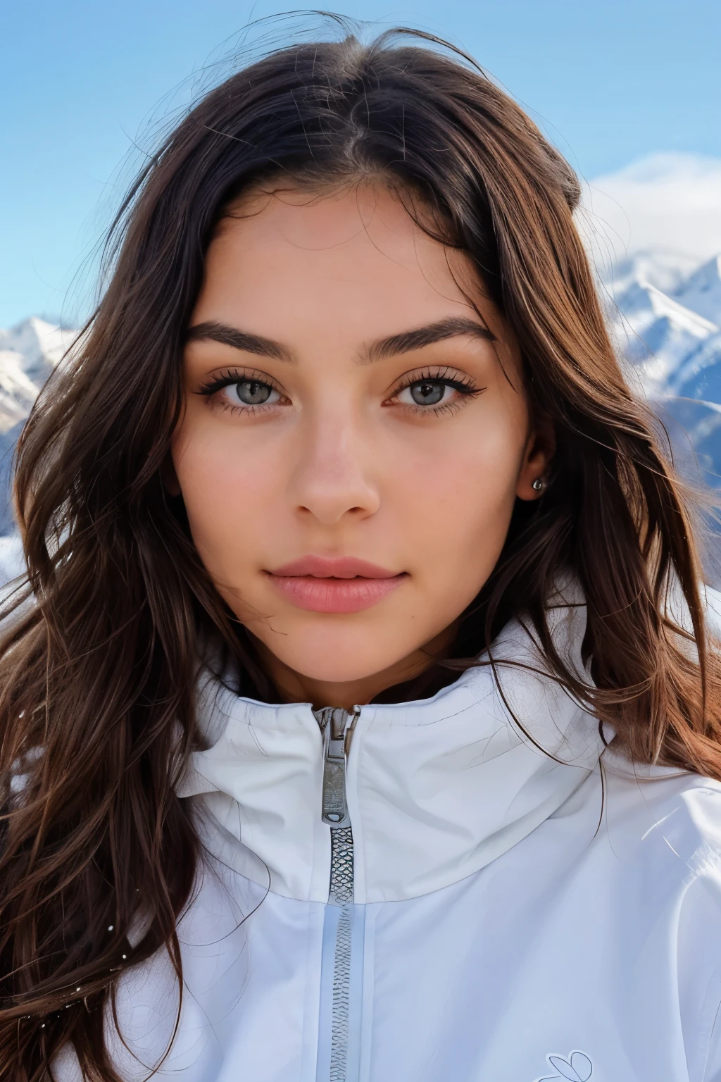 Beautiful brunette girl in a stylish ski outfit holding a vibrant snowboard, confidently stands against the majestic backdrop of a snow-covered mountain range. The girl, with her stunningly detailed features, mesmerizes with her enchanting face, innocent expression, and captivating brown eyes. Her naturally wavy hair cascades messily over her shoulders, adding a touch of playfulness to her overall allure. The high-resolution image showcases the masterful quality of the shot, with intricate details highlighted in sharp focus. The girl's flawless skin is depicted with a realistic texture, enhancing the photo's lifelike quality. The expertly captured eyes reveal a depth and intensity that draw viewers into the image. Professionally photographed with a Canon camera using an 85mm lens,