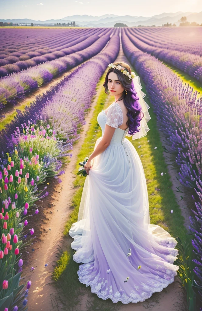 (best quality,4k,8k,high resolution,masterpiece:1.2),Super detailed,actual,lavender field,Dreamy,tulip,Rose,A girl in a wedding dress,Romantic,bright colors,soft light