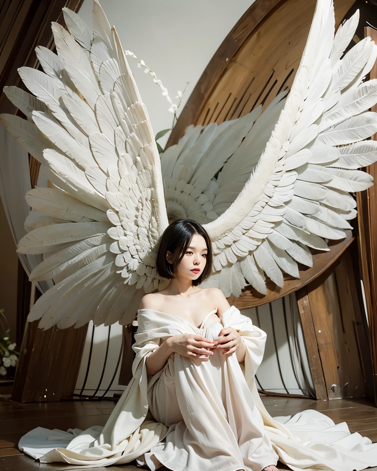 (Best quality, 8k, 32k, Masterpiece, UHD:1.2) "Generate a captivating artwork featuring a young Japanese girl model with short, sleek black hair styled in a chic bob haircut. Envision her bathed in dramatic cinematic lighting, creating an atmosphere of allure and mystery. Emphasize a romantic aesthetic vibe, showcasing the model in a poised and elegant pose that evokes a sense of intimacy and sophistication. Utilize warm and soft tones to enhance the romantic ambiance, and consider incorporating elements like flowing fabrics or flowers to add a touch of ethereal beauty. Capture the essence of romance and beauty through the model's expression, the play of light and shadows, and the overall aesthetic, creating a visually compelling and emotionally resonant piece." (perfect eyes), flawless skin, flawless face, cinematic, tight body, ((well-proportion female hands)), ((female hands with five digits)) ((Body is well proportioned)), ((chic bob haircut)),