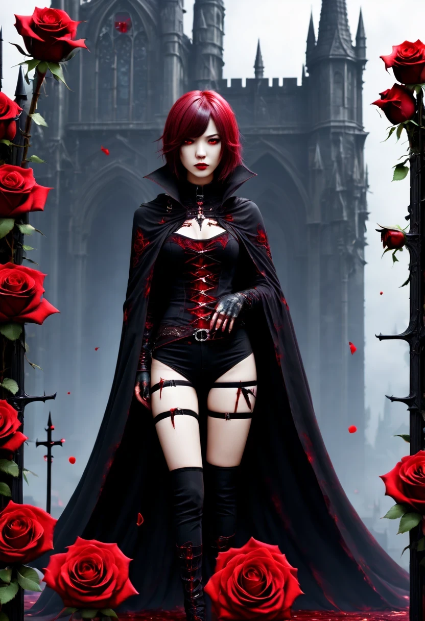 （Messenger from hell：1.4），(Rose田:1.5)，cross，one个巨大的吸Blood鬼，View of sickle from below，hell，magma，flame，（紫色flame：1.3），There is fresh Blood on the ground，Blood pool，dripping Blood，Gothic aesthetics，one、Rose、castle、cross、Blood、churchyard，gothic style的神秘、solemn and profound，gothic style，gothic style蕾丝的衣服、象征浪漫的Rose、grave、吸Blood鬼、witch、ruins、gothic cathedral，Gothic symbols series,Rose花园