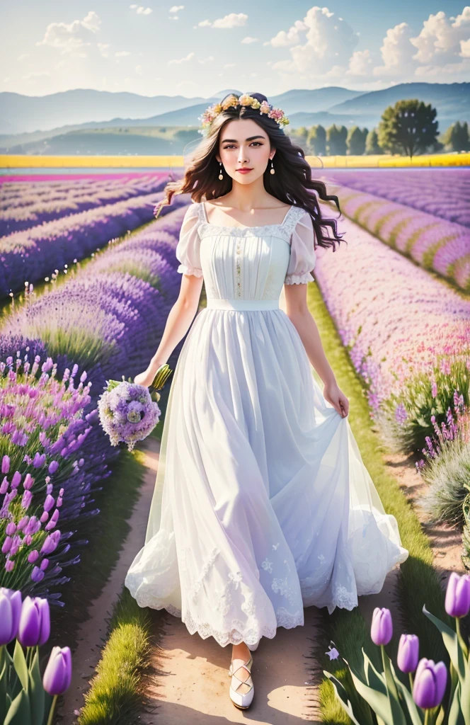 (best quality,4k,8k,high resolution,masterpiece:1.2),Super detailed,actual,lavender field,Dreamy,tulip,Rose,A girl in a wedding dress,Romantic,bright colors,soft light