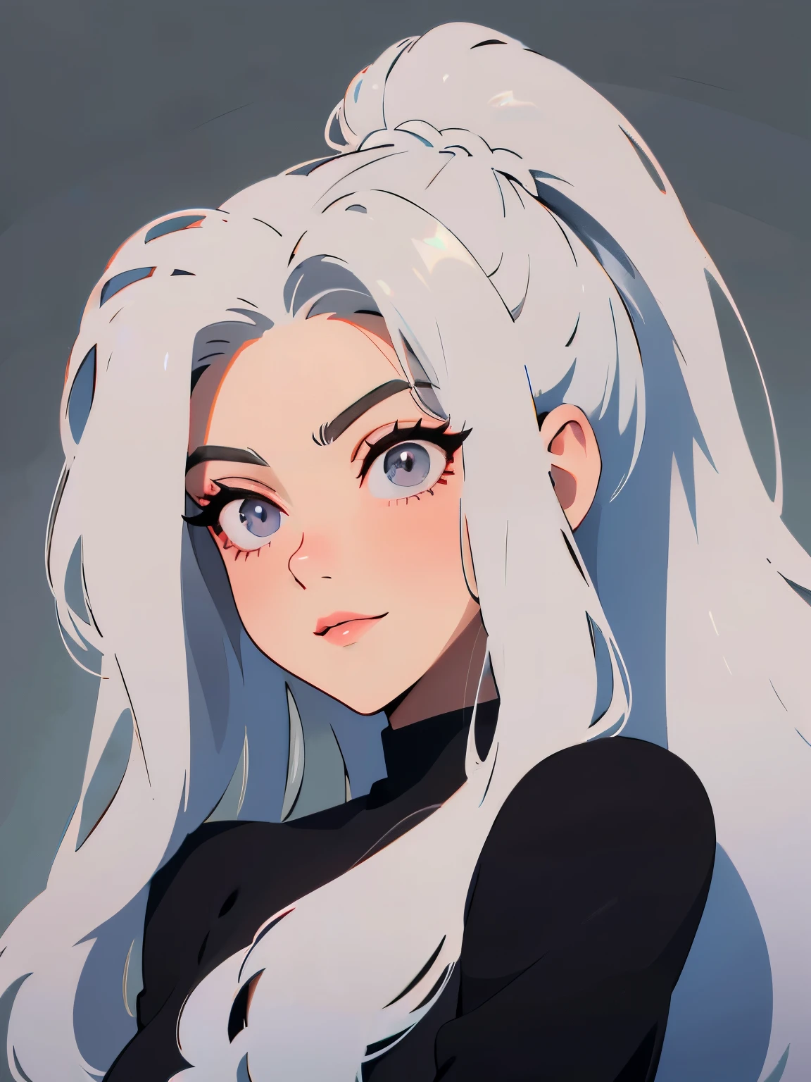 Millicent is a 21 year old young girl, tall and fit physique. She has fair skin and gray eyes with small pupils. Long wavy white hair braided into a high ponytail with many small braids. Has long pointed ears. Prefers to wear black clothes, gray and white colors