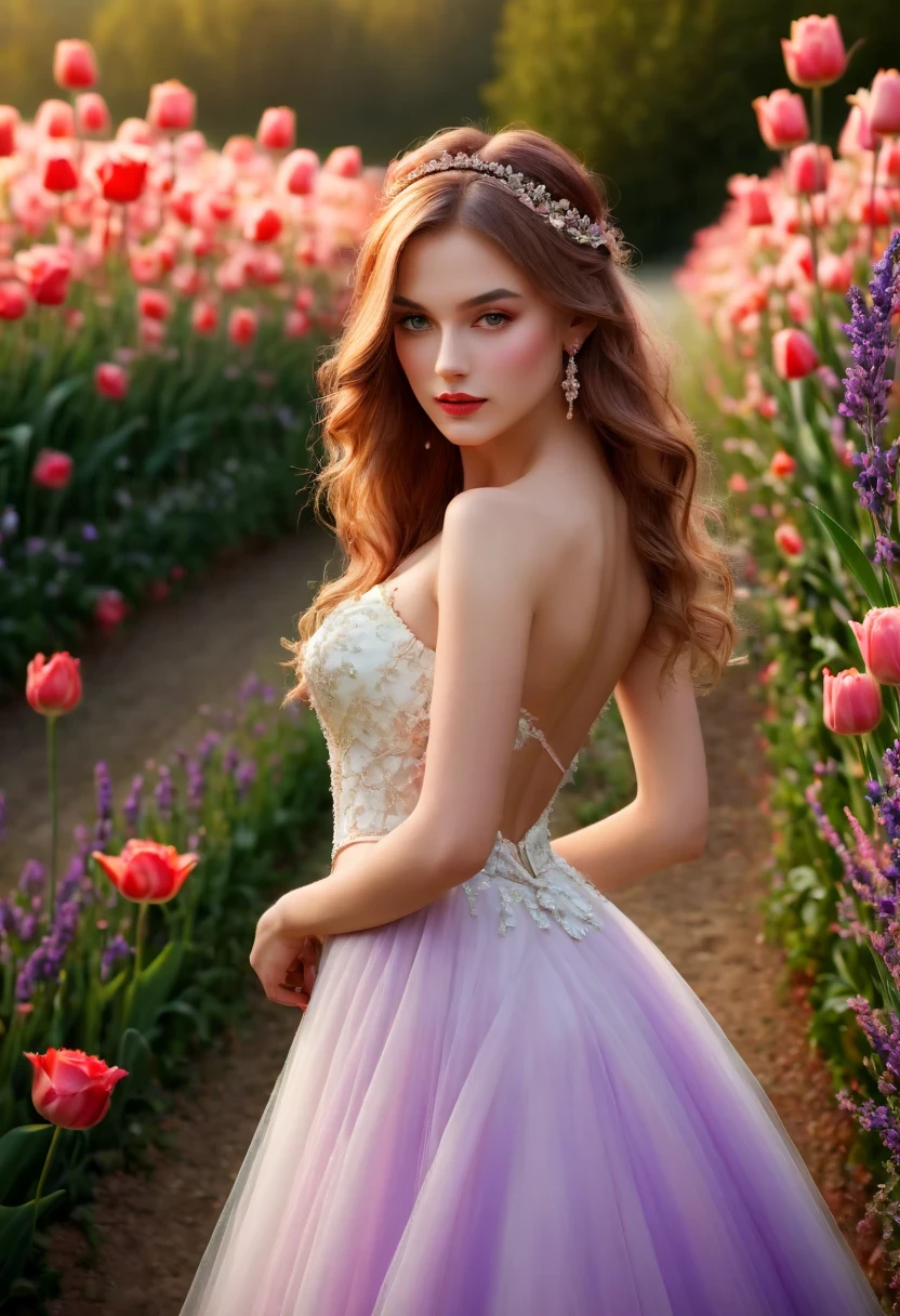 (best quality,4k,8k,high resolution,masterpiece:1.2),Super detailed,(actual,photoactual,photo-actual:1.37),Colorful flower field,Beautiful girl in wedding dress, dreamy atmosphere, sweet and happy, soft sunshine, bright colors, Peaceful and peaceful, happy expression, romantic environment,Lavender,tulip,Rose