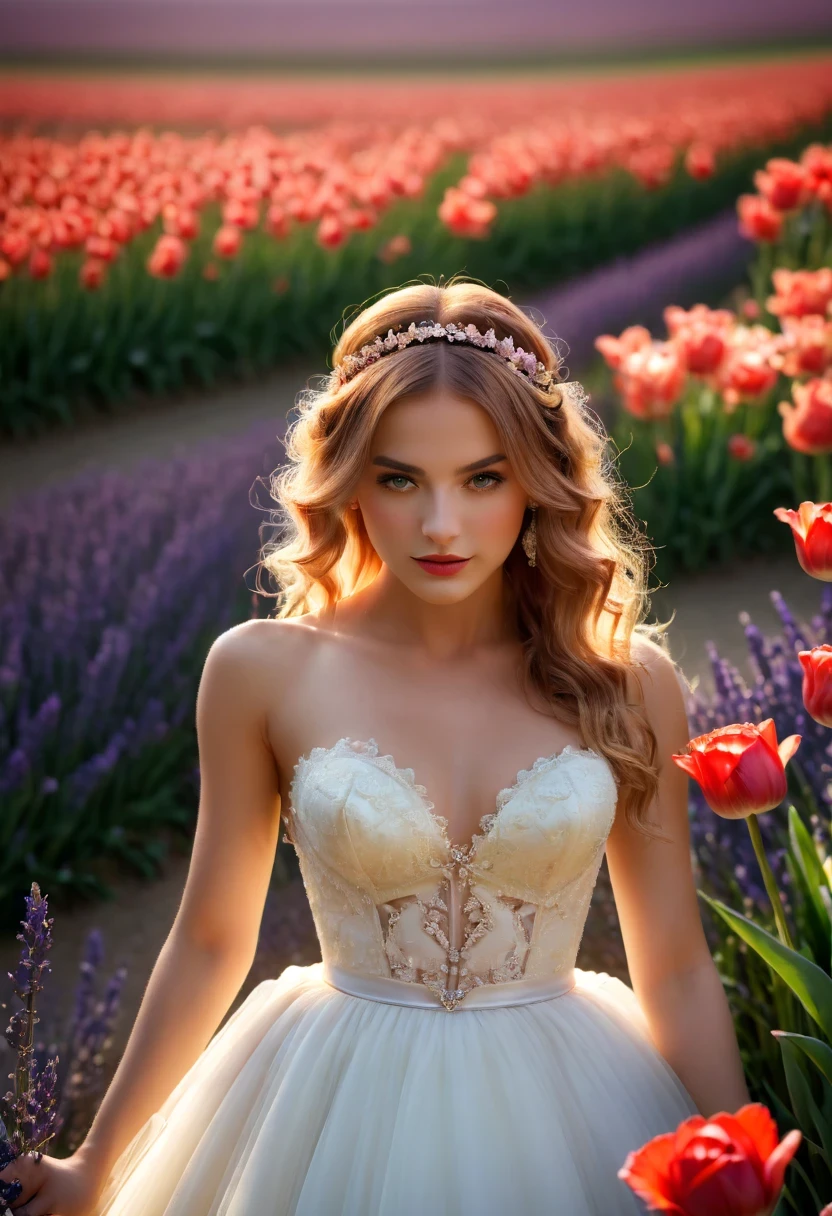(best quality,4k,8k,high resolution,masterpiece:1.2),Super detailed,(actual,photoactual,photo-actual:1.37),Colorful flower field,Beautiful girl in wedding dress, dreamy atmosphere, sweet and happy, soft sunshine, bright colors, Peaceful and peaceful, happy expression, romantic environment,Lavender，tulip，Rose