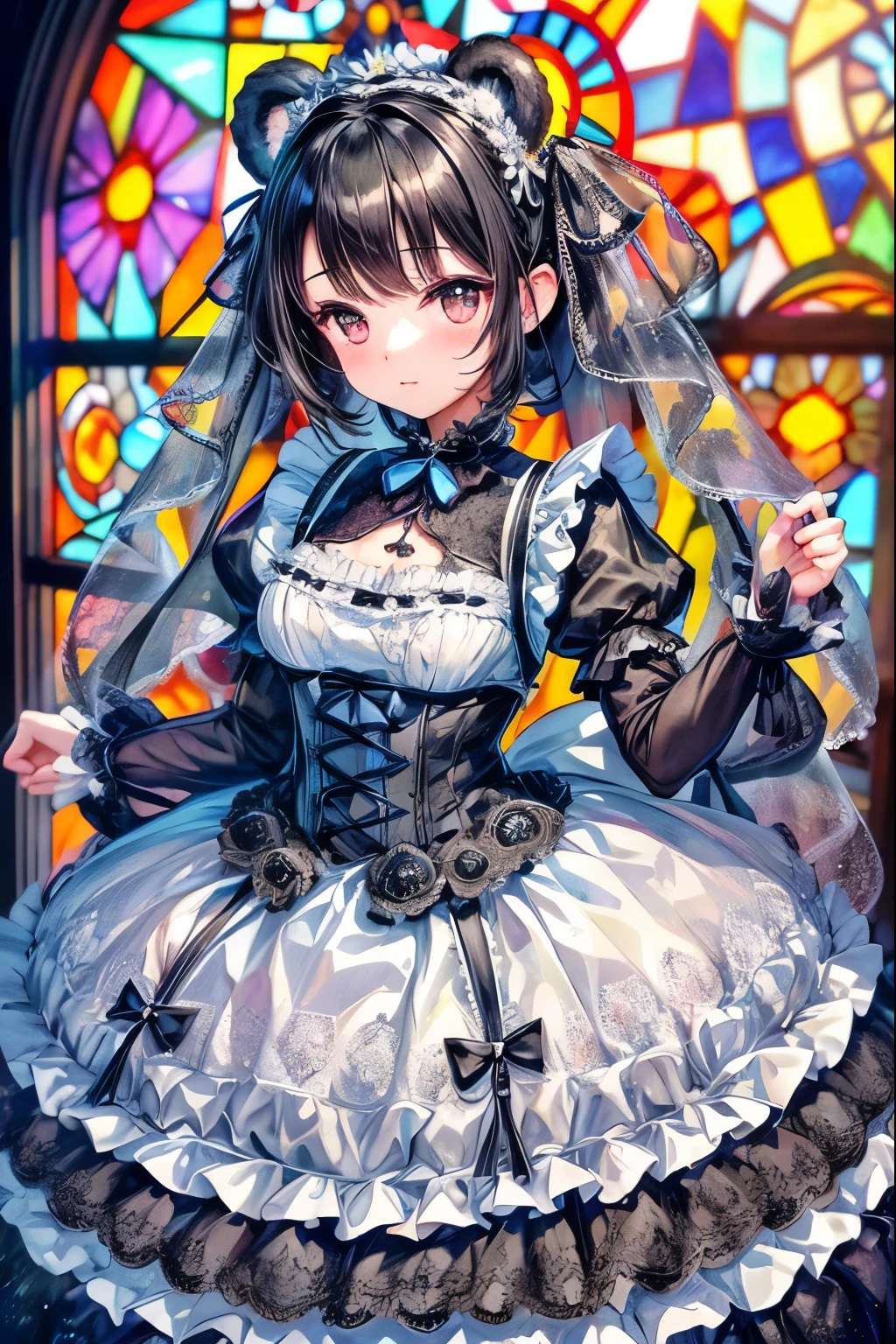 ((worst quality, low quality)), ((Bear-eared chemomimi girl:1.5)), (Gothic ta), ((Black-haired berry berry short:1.4)), (((Beautiful clear purple eyes:1.2))), plump and glossy lips, spoken word heart, A posture of leaning forward, (perfect hands:1.4), (Mr.々decorated with brightly colored gerberas white&black Gothic Loli.5), (voluminous frills:1.3), (basque waist:1.3), (crinoline、long multilayer volume ruffle skirt、Mr.々decorated with brightly colored gerberas:1.5), (intricate gerbera lace embroidery:1.6), (Mr.々decorated with brightly colored gerberasGothic Lolita:2 (In white pink high heelr.々Decorated with fresh gerbera flowers of different colors:1.2), (((Stained glass window background:1.3))), ((shining sunlight)), (light particles, shine of light, light:1.4), muste piece,best quality,Super detailed,