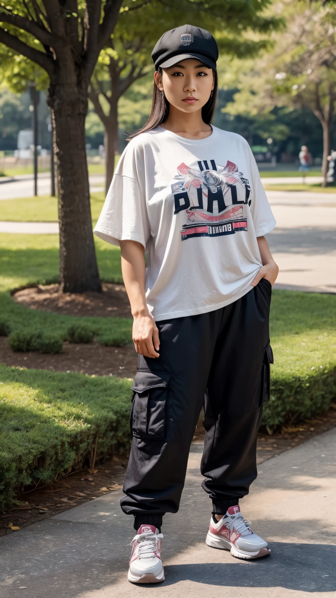 A big muscular Japanese woman with detailed feminine face features and bald hair wearing a hat, oversize t-shirt, long cargo pants, and sneakers. She is standing in a park with masculine expression and pose.