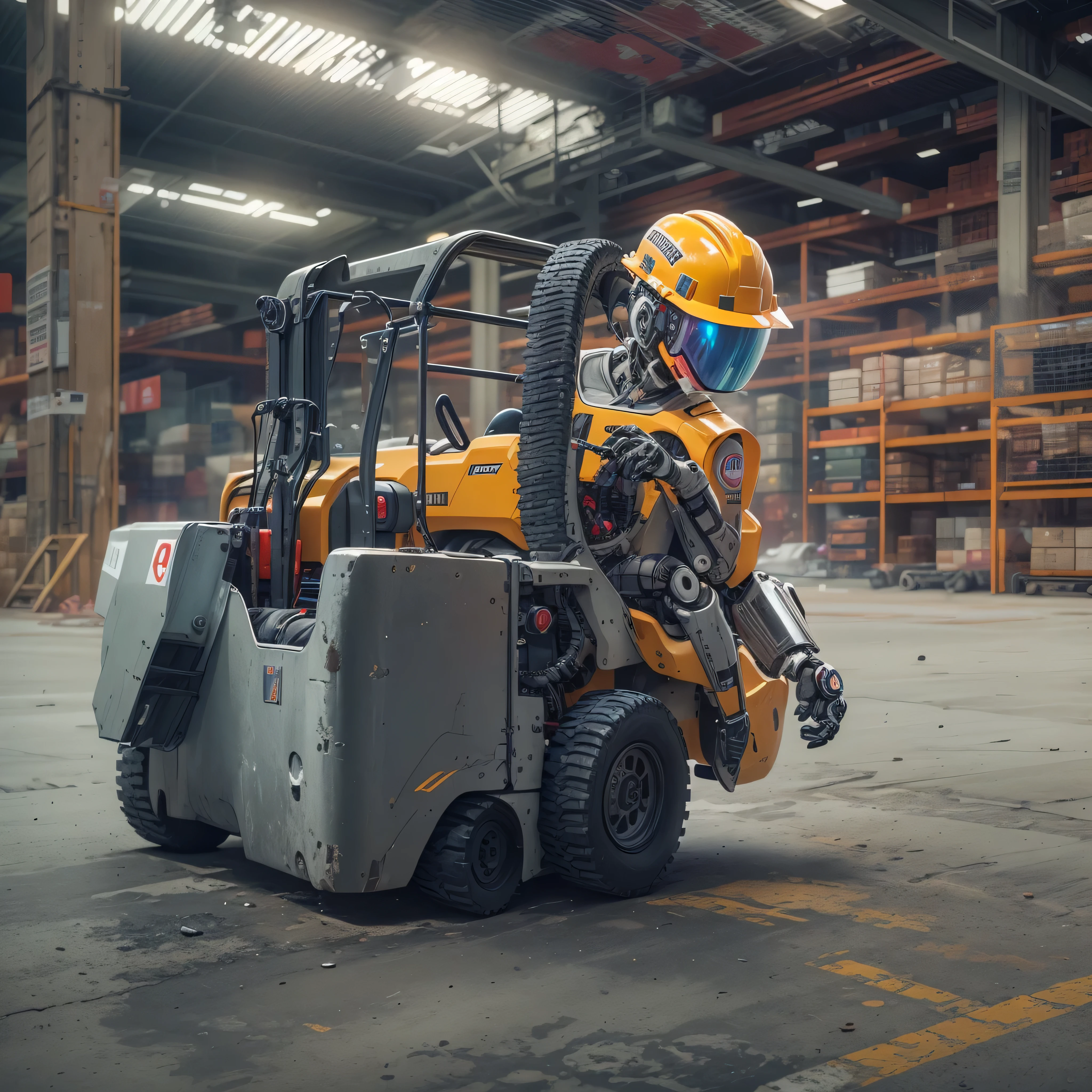 An artificial intelligence robot, DRIVING a forklift, the robot is driving, and the robot is wearing a hardhat, photo-realistic, octane render, unreal engine, ultra-realistic