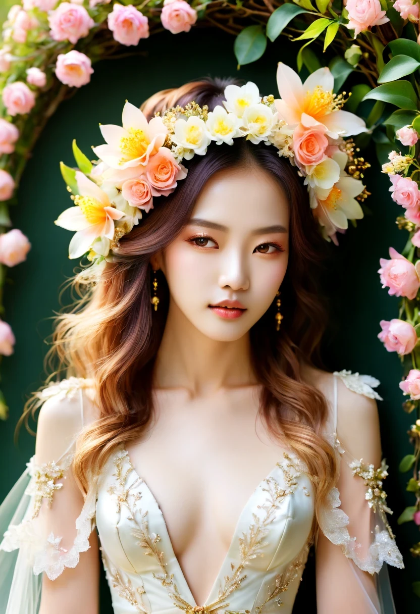 Girl in wedding dress，blooming flowers，colorful petals，Sunlight shines through leaves，golden age，breeze，ethereal atmosphere（vivid：1.1），Dream的背景，natural beauty（Lush green plants：1.2），Twinkling dewdrops，Soft sunlight shines through the gaps in the leaves，Fairytale like Scene，Romantic and charming（Dream：1.1），bokeh effect，vivid而饱和的色彩，Natural and organic（flowers：1.1），Headdress decorated with delicate flowers（Ornate headdress：1.1），elegant gesture（calm pose：1.1），Calm expression，Quiet environment，柔和而Dream的灯光（subtle lighting：1.1），beautiful crafts，Impeccable details（super detailed：1.1），High resolution artwork（masterpiece：1.2），Perfect moment，natural tranquility，fantasy garden，Feminine and sophisticated（Lovely：1.2）。