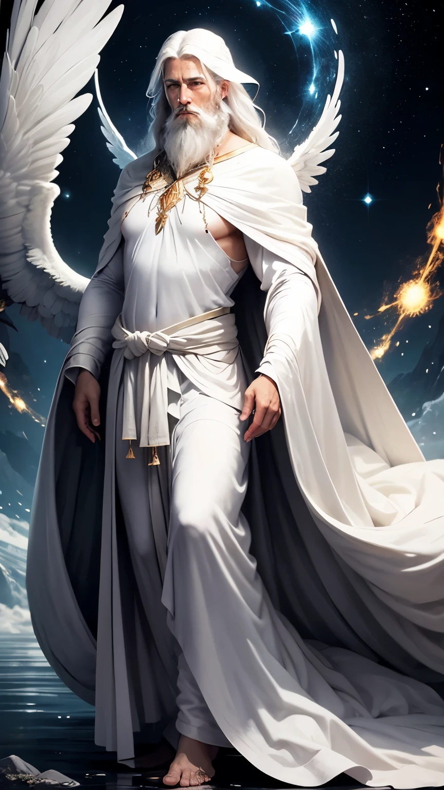 "Create an image of a mature angel with flowing white hair and a full beard, radiating wisdom and grace. His ethereal presence is draped in a pristine white robe, covering his entire body modestly, leaving only his hands and face visible. Standing solemnly upon the earth, he emanates a sense of tranquility and reverence.

The angel's gaze is serene yet powerful, conveying a deep understanding of the mysteries of the universe. His majestic wings, hidden beneath the folds of his robe, suggest divine origins and celestial heritage. 

Ensure that the depiction captures the solemnity and dignity of the angel's presence, with the earth beneath him emphasizing his connection to the mortal realm. The scene should evoke a sense of awe and reverence, reflecting the timeless wisdom and purity of this celestial being."