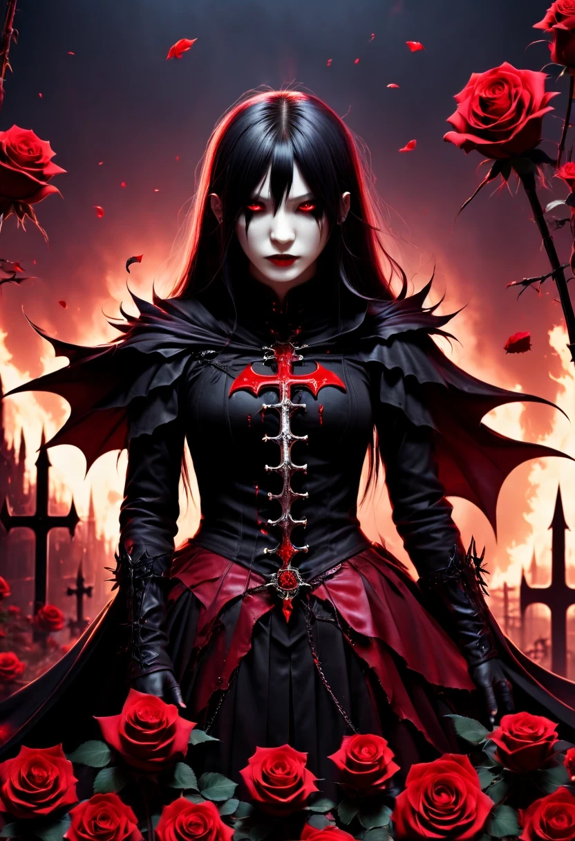 (Messenger from hell:1.4),cross,一个巨大的吸Blood鬼,Sickle seen from below,hell,magma,inflammation,(紫色inflammation:1.3),There is fresh Blood on the ground,Blood pool,dripping Blood,Gothic aesthetics,One、Rose、city、cross、Blood、教会のGrave地,Gothic style的神秘、Solemn and profound,Gothic style,Gothic style蕾丝的衣服、象征浪漫的Rose、Grave、吸Blood鬼、witch、Remains、Gothic styleの大聖堂,Gothic Symbols Series