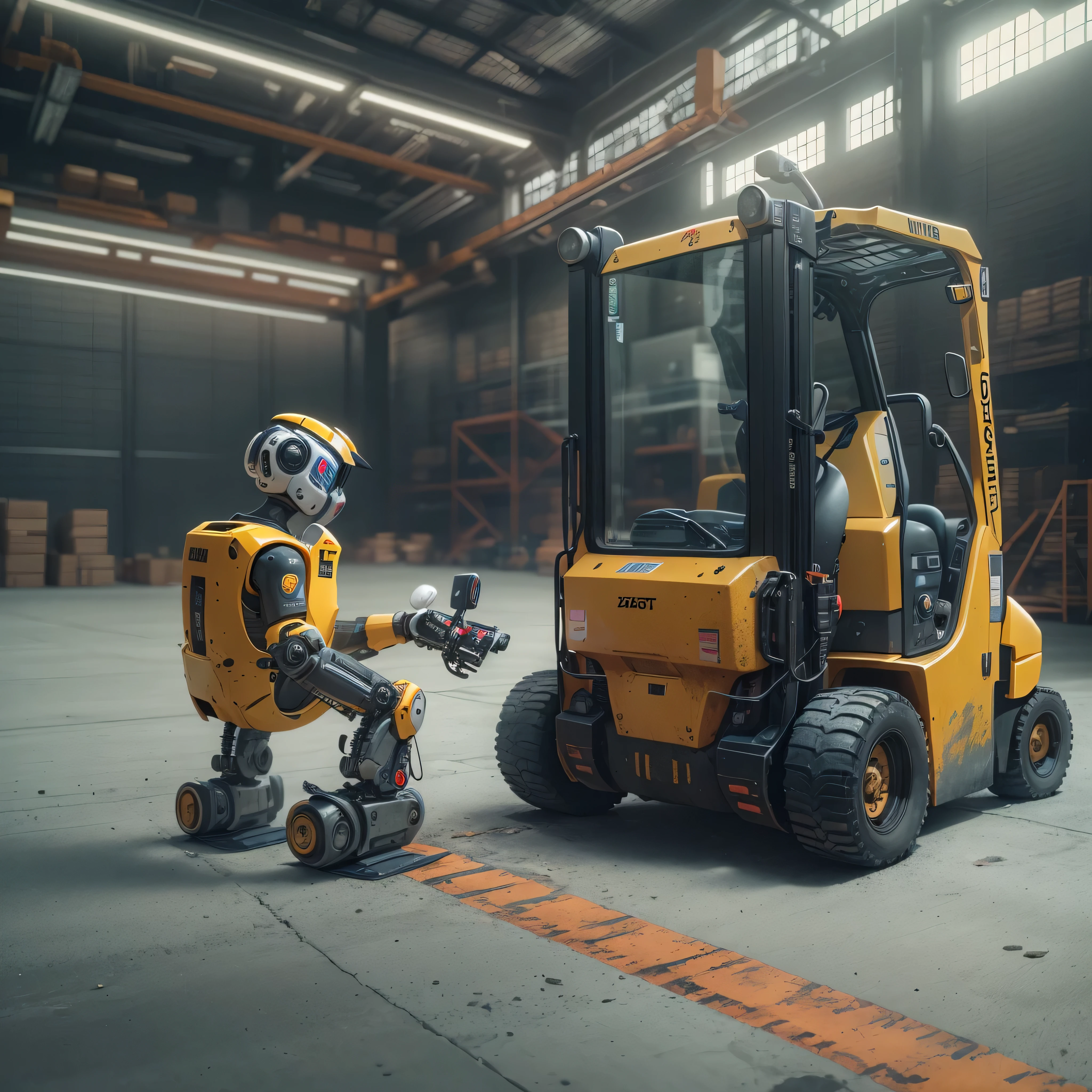 An artificial intelligence robot DRIVING a forklift, the robot is driving, and the robot is wearing a hardhat, photo-realistic, octane render, unreal engine, ultra-realistic