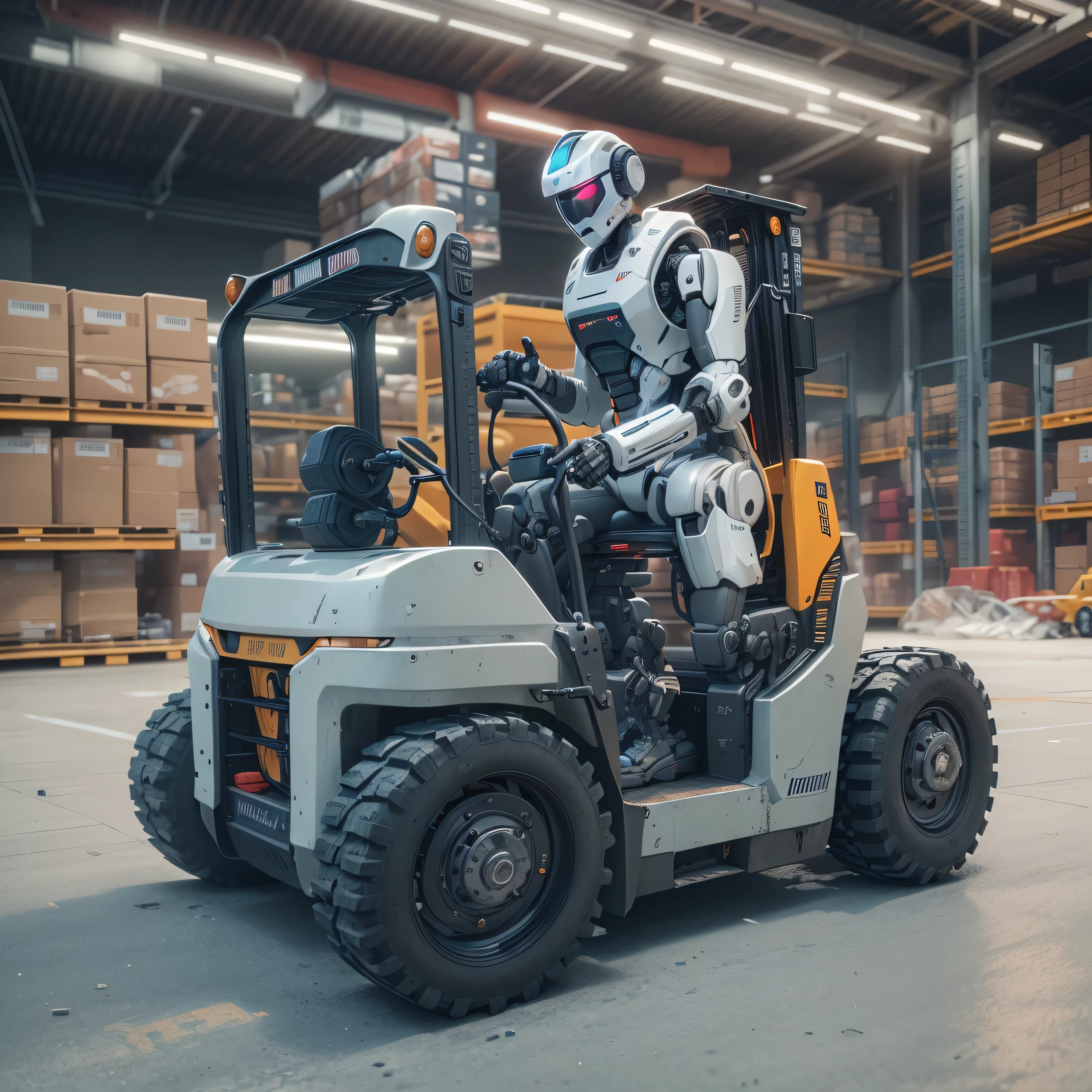 An artificial intelligence robot DRIVING a forklift, the robot is driving, and the robot is wearing a hardhat, photo-realistic, octane render, unreal engine, ultra-realistic