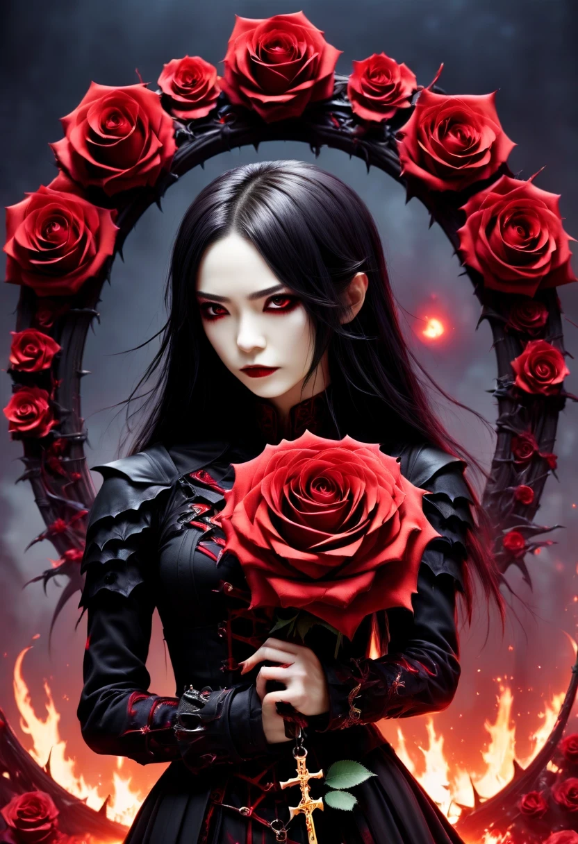in style of Harry Clarke,character concept design,half body, (ROSE HEAD:1.5) (no face:2.0) paladin,angry,crazy smile,fighting pose,Magic Effects,Metallic details,Red tone,Unknown background,perfect hands,Core Art,The art of spray painting,Splash Art