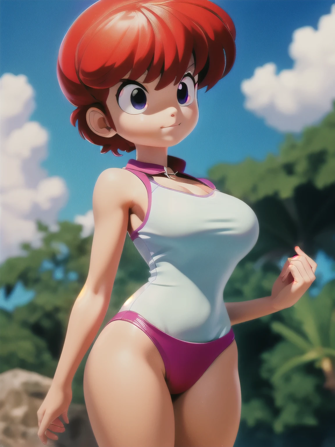 Masterpiece, ultra detailed, best quality, Ranma Saotome, perfect body, Vermilion hair. collar. small saggy breasts. huge hips. swimsuit