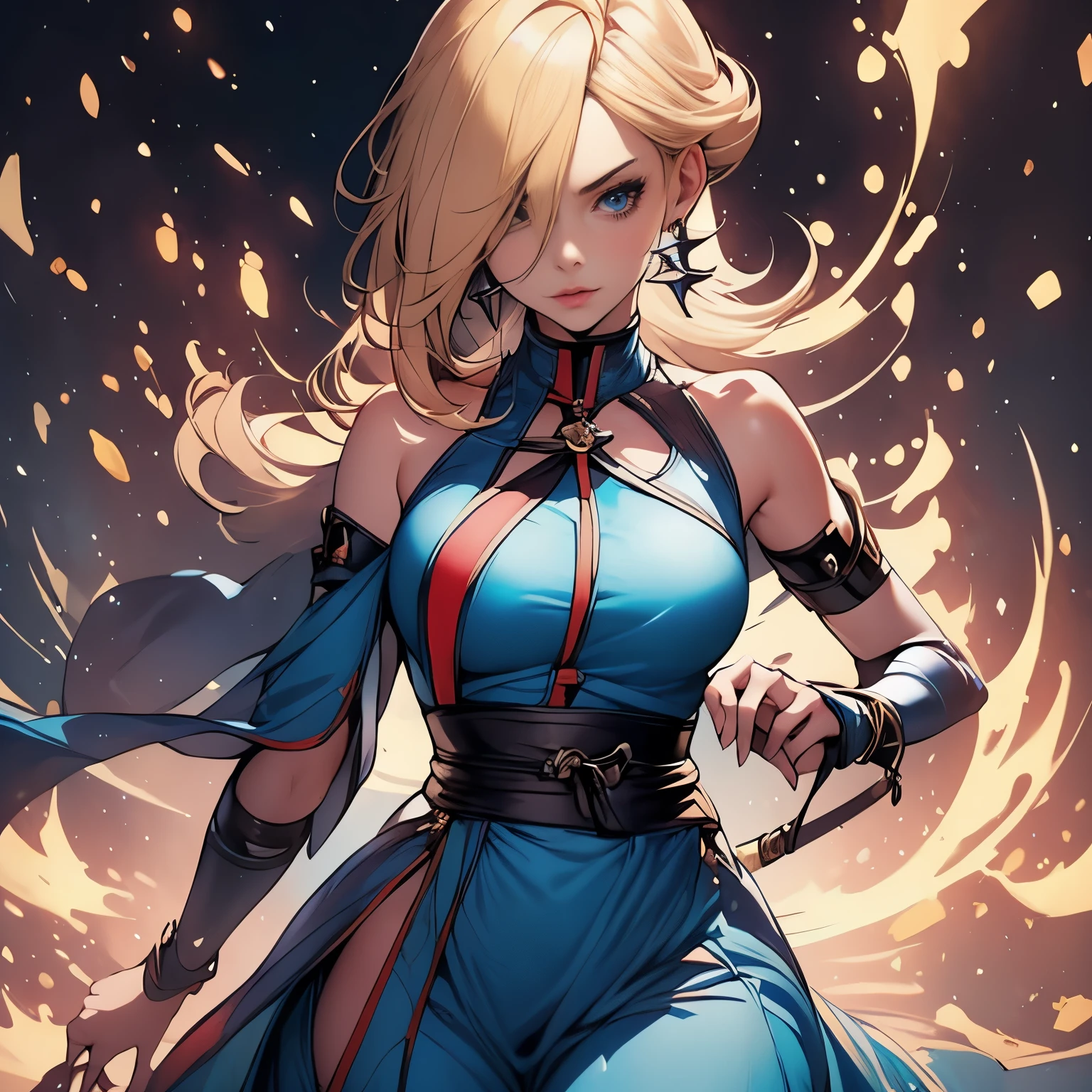 Rosalina wearing Roupa de Kitana from Mortal Kombat II, Roupa de Kitana, terno azul, Kunoichi simples, Rosalina parece, loiro, long hair loiro womans, skimpy, katana, bigger Katana,