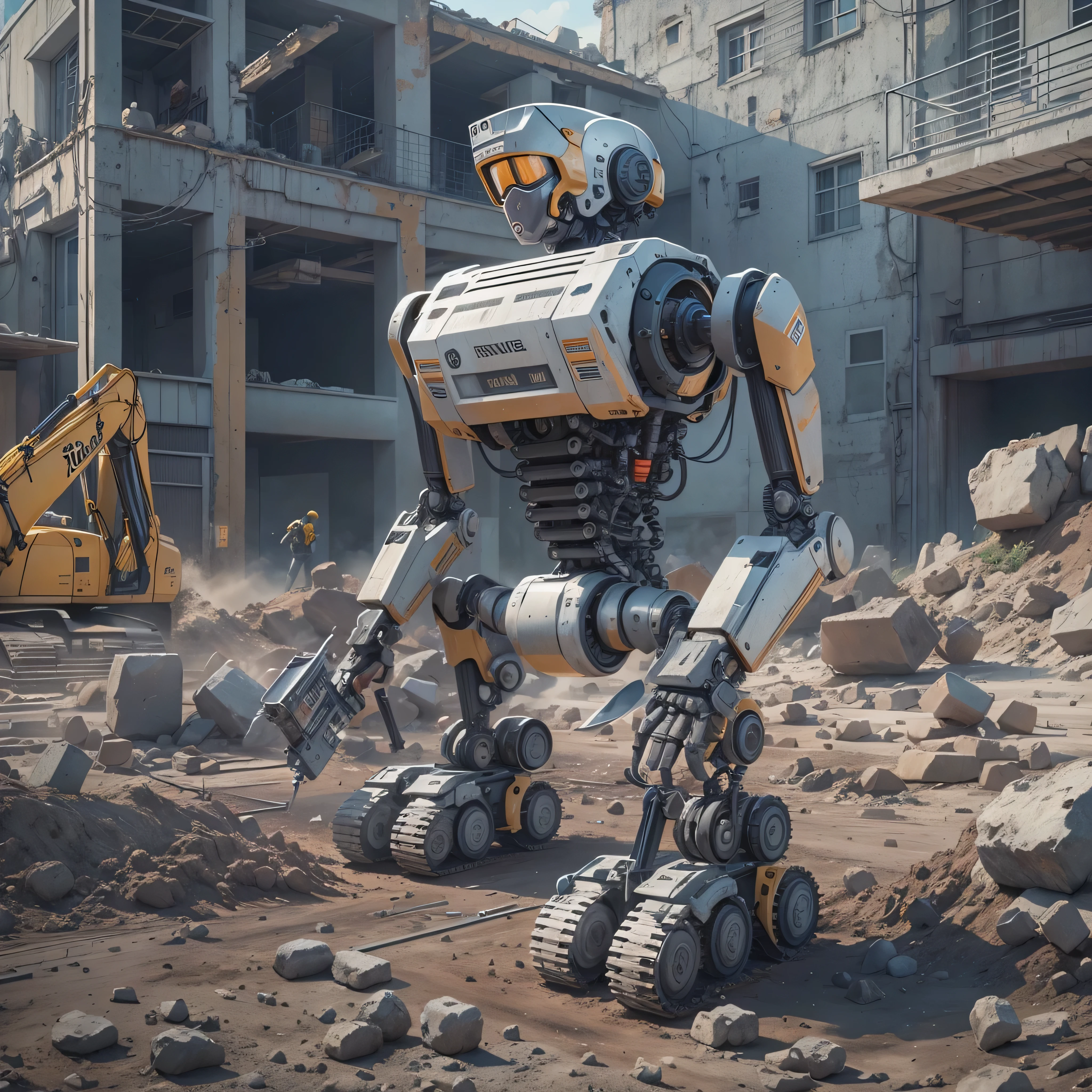 An artificial intelligence construction robot, using a Jackhammer, the robot is doing construction, and the robot is wearing a hardhat, photo-realistic, octane render, unreal engine, ultra-realistic