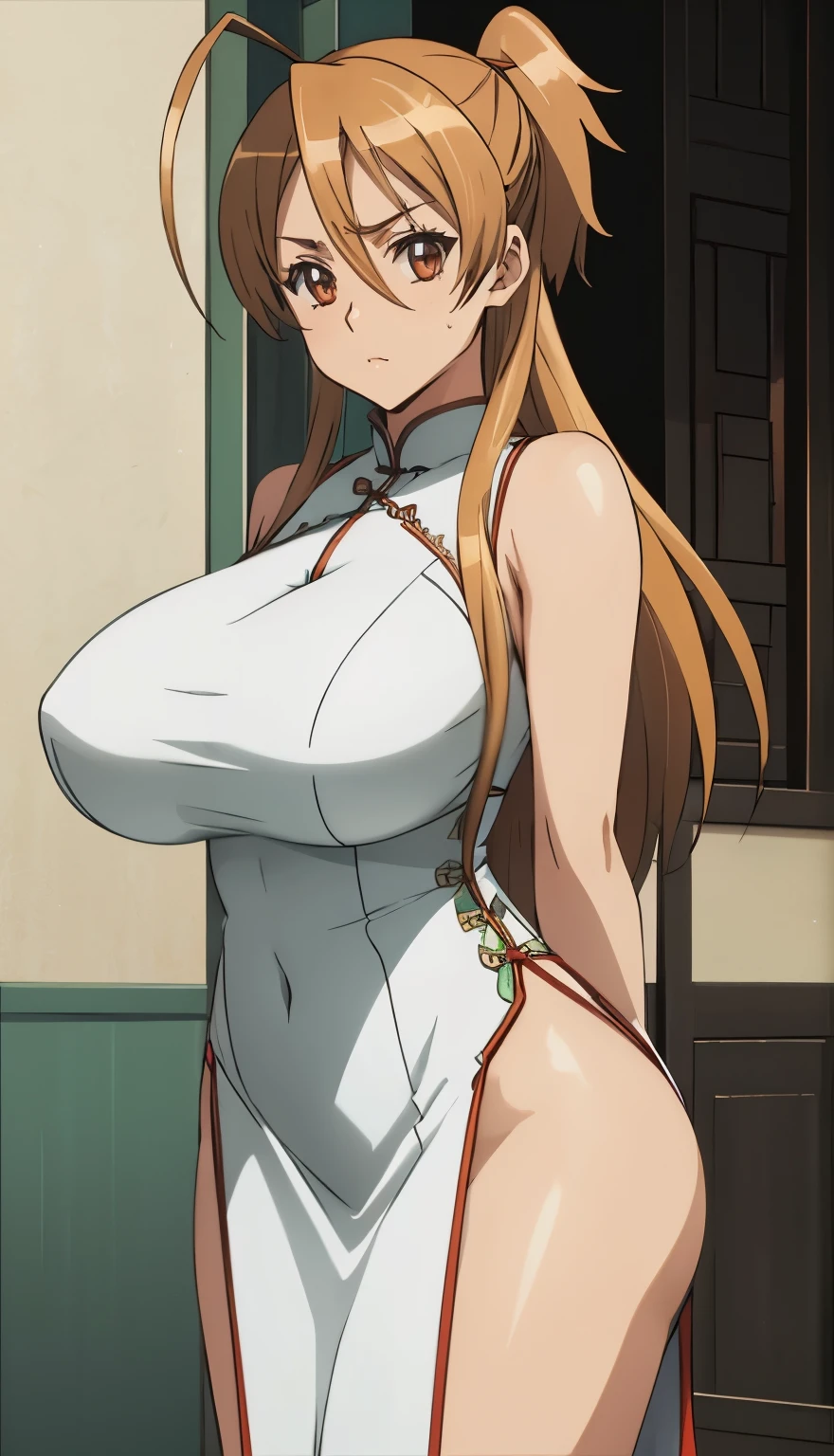 SFW, (chinese dress) (huge breasts), firm breasts, slim waist, curvy figure, arms behind back, miyamoto rei, long hair