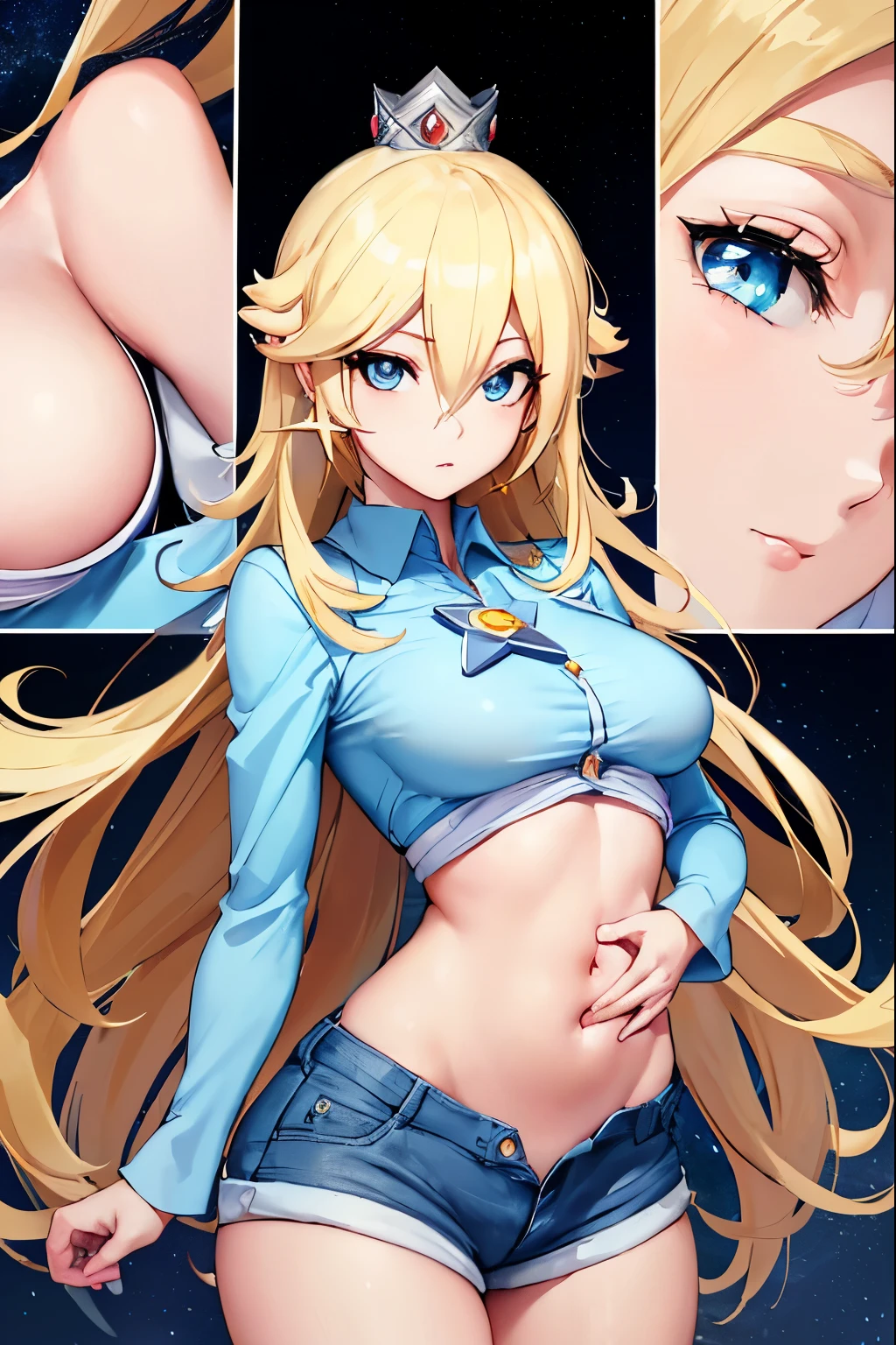 Rosalina, Rosalina, Blonde hair, blue eyes, hair over one eye, long hair, micro shorts, white shorts, lower part of the breasts showing, blouse lifted showing part of the breasts, belly showing, crown, earrings, jewelry, princess , star earrings, BREAK night, night sky, sky, star\ (sky\), star \(symbol\), space, sun, BREAK looking at the viewer, (cowboy photo: 1.5), BREAK (art: 1.2 ), best quality, high resolution, 8k unity wallpaper, (artwork: 0.8), (beautiful detailed eyes: 1.6), extremely detailed face, perfect lighting, extremely detailed CG, (perfect hands, anatomy perfect),