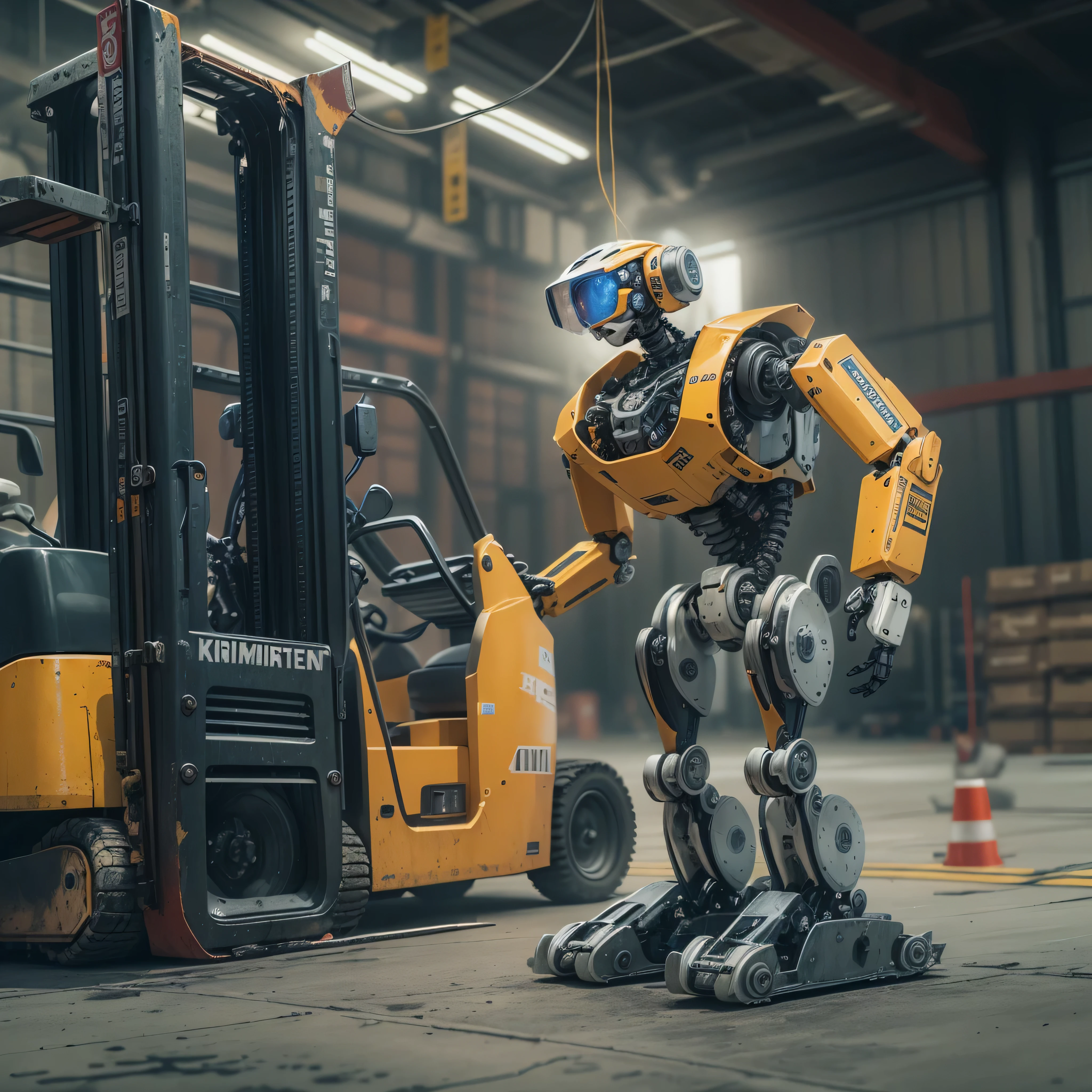 An artificial intelligence robot DRIVING a forklift, the robot is driving, and the robot is wearing a hardhat, photo-realistic, octane render, unreal engine, ultra-realistic