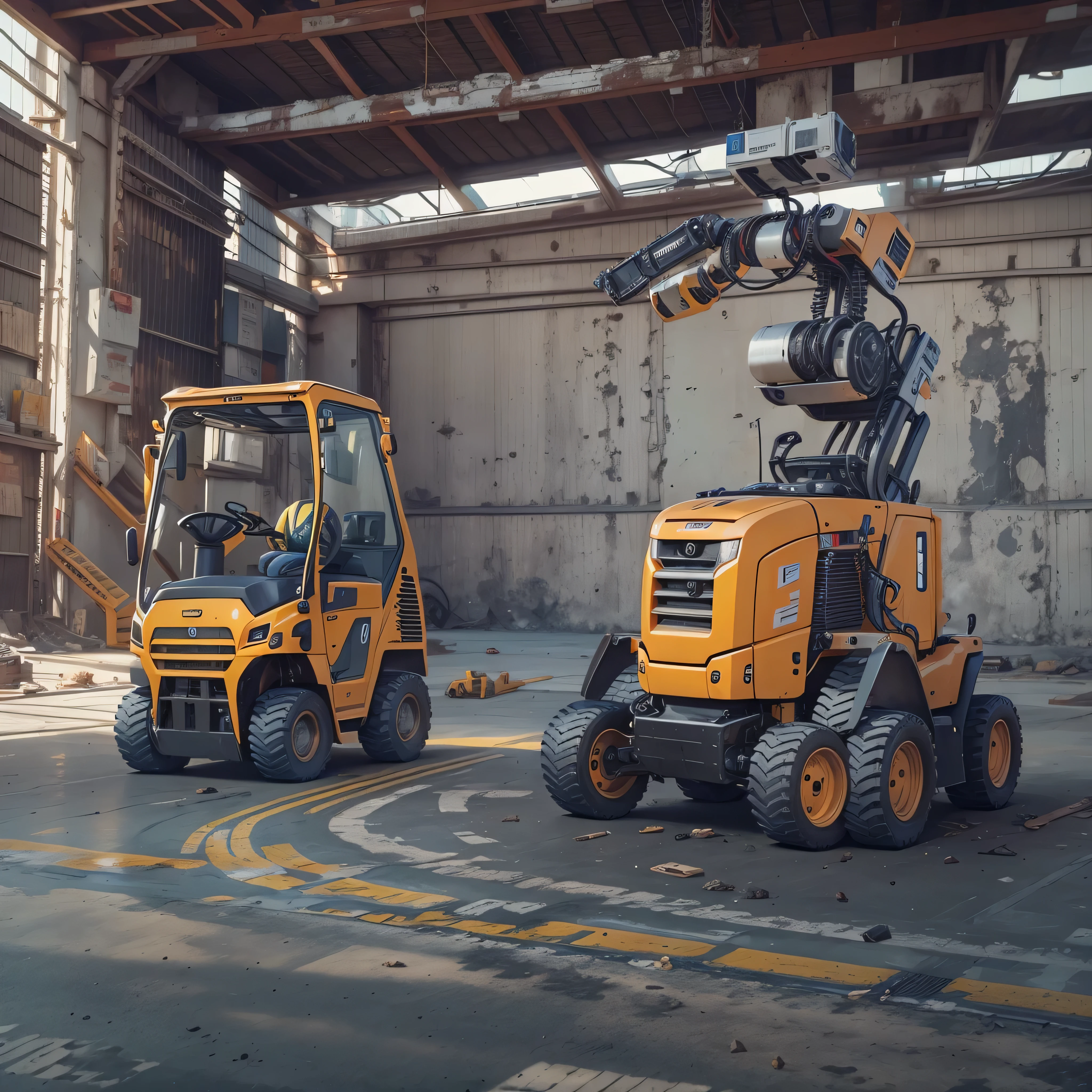 An artificial intelligence robot DRIVING a forklift, the robot is driving, and the robot is wearing a hardhat, photo-realistic, octane render, unreal engine, ultra-realistic