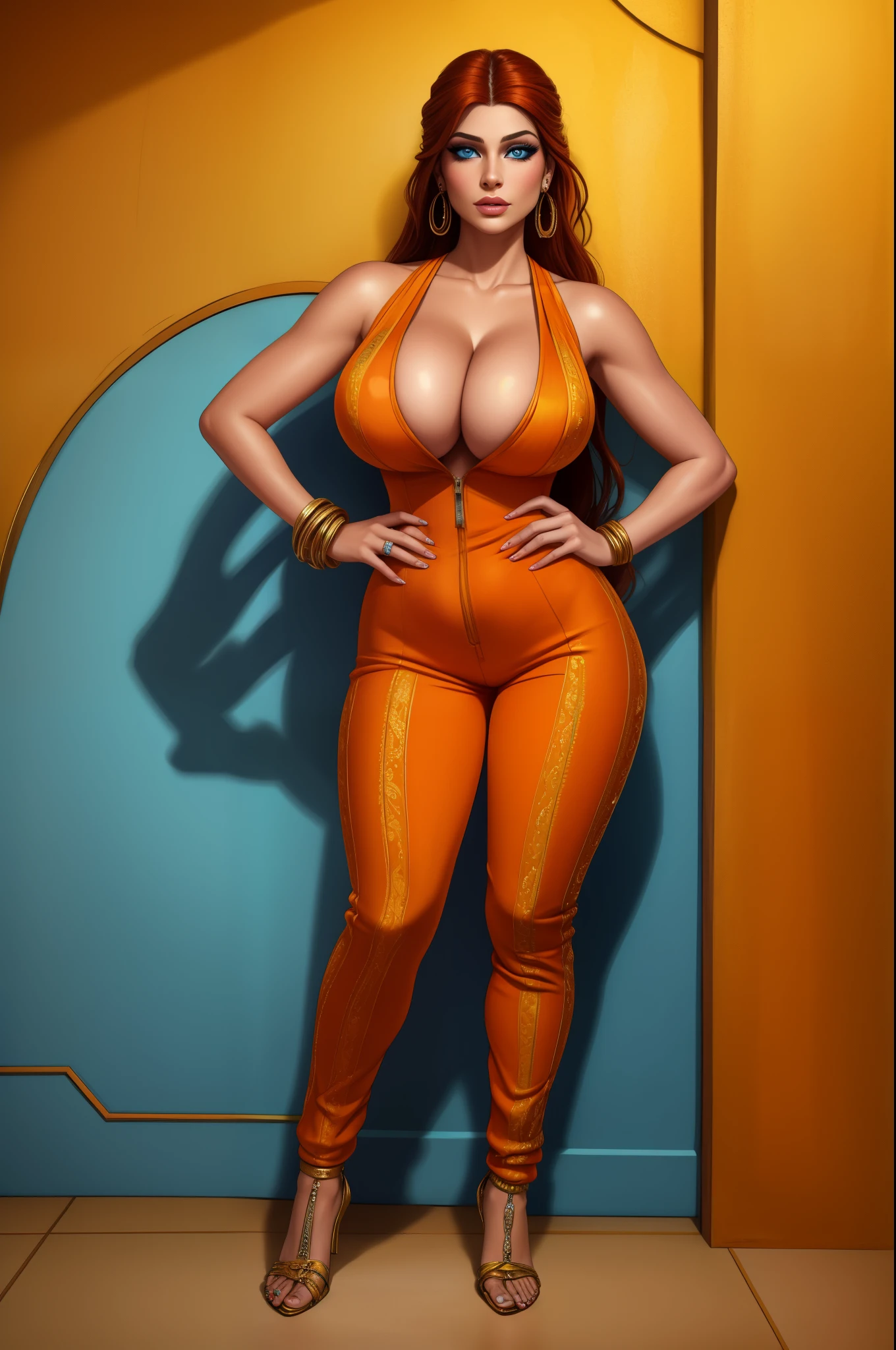 nose piercing, standing,  jewelry, orange jumpsuit (insanely detailed, beautiful detailed face, masterpiece, best quality), cleavage, piercing blue eyes, full body shot