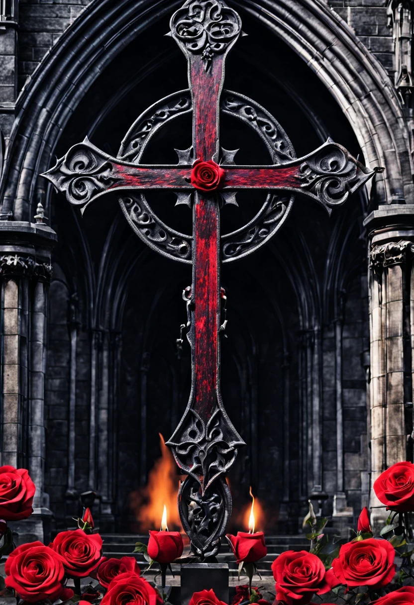 gothic cathedral，(Rose田:1.5)，cross，吸Blood鬼，hell，magma，flame，（紫色flame：1.3），Gothic aesthetics，Rose、castle、cross、Blood、churchyard，gothic style的神秘、solemn and profound，gothic style，gothic style蕾丝的衣服、象征浪漫的Rose、Gothic symbols series,Rose花园