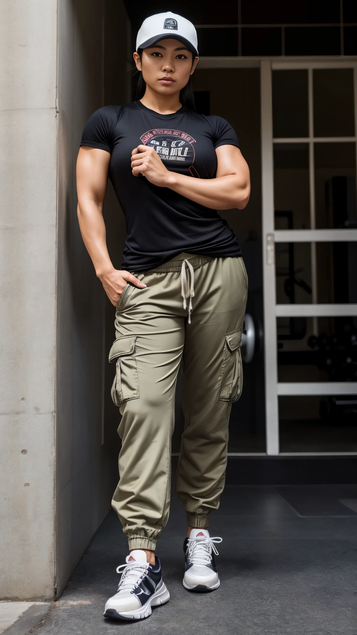A big muscular Japanese woman with detailed feminine face features and bald hair wearing a hat, t-shirt, long cargo pants, and sneakers. She is standing in a gym with masculine expression and pose.