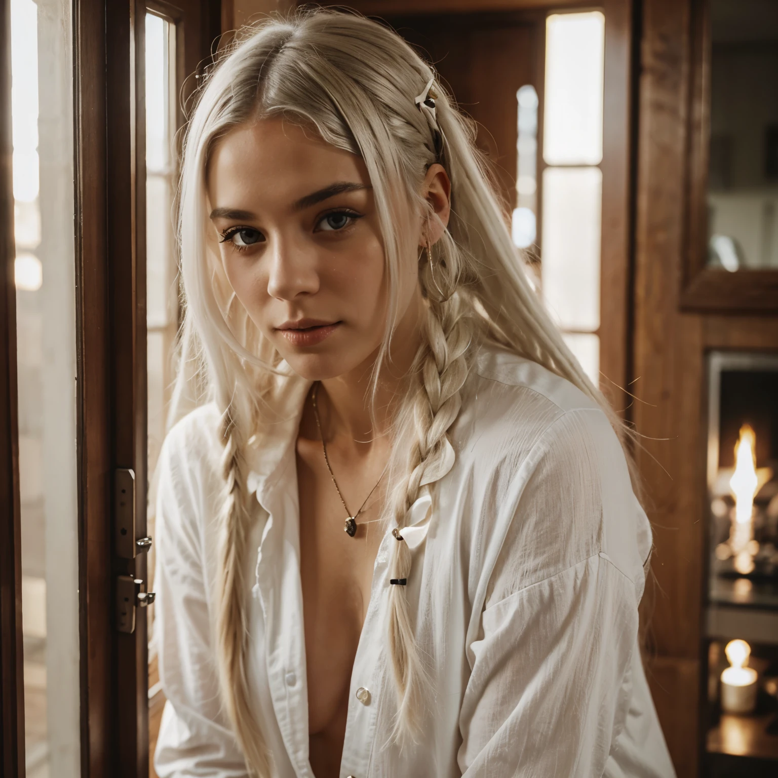 young intense girl with white hair and dreadlocks, in an hourglass. 