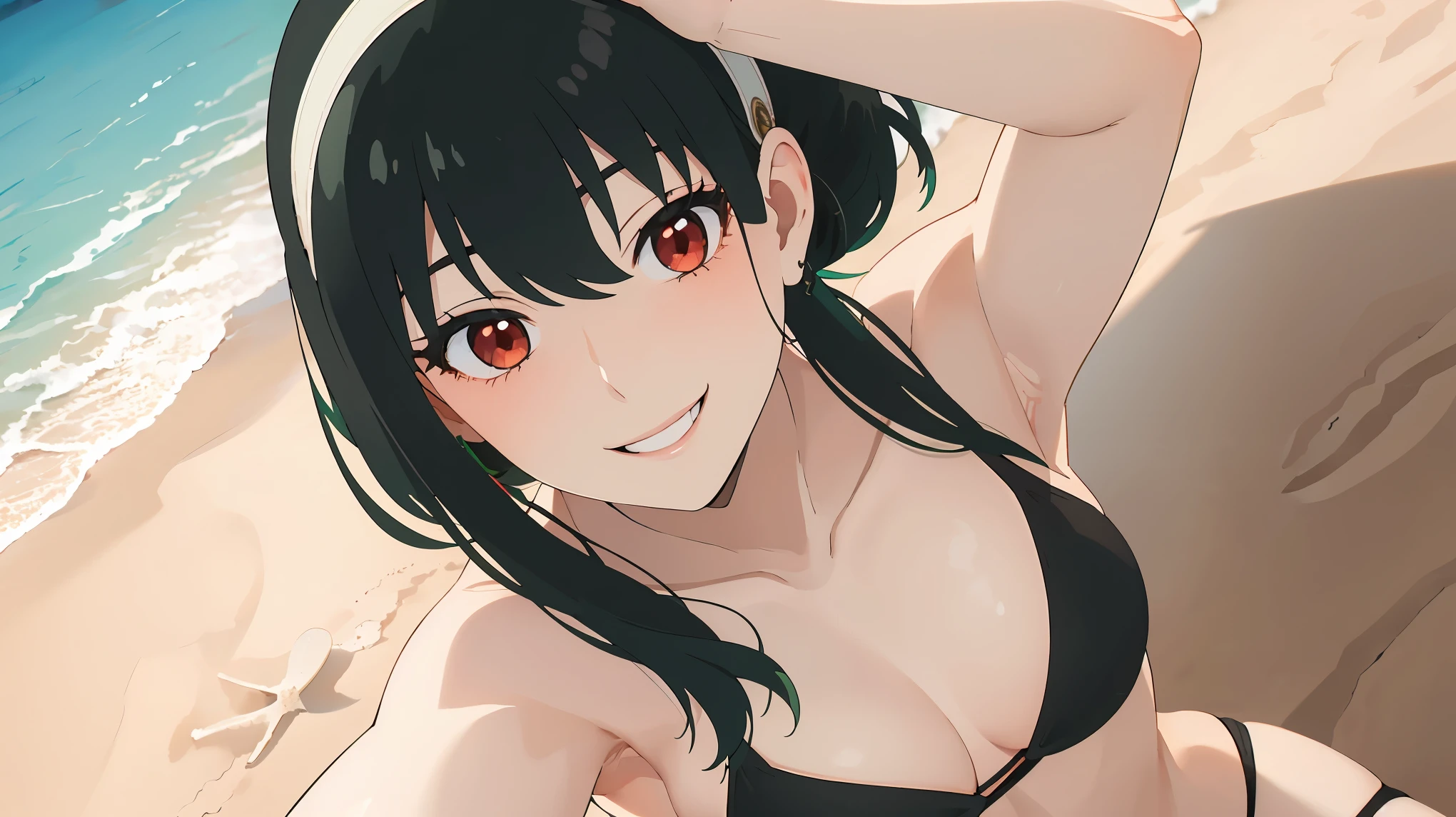 masterpiece, highest quality, 8k, ultra high resolution, highest quality, best writing, beautiful face, (black-green hair:1.3), Long hair Short hair、white hair band、red eyes、(Black Bikini:1.3), beach, outdoors, The best sunshine, smile, thin, free pose