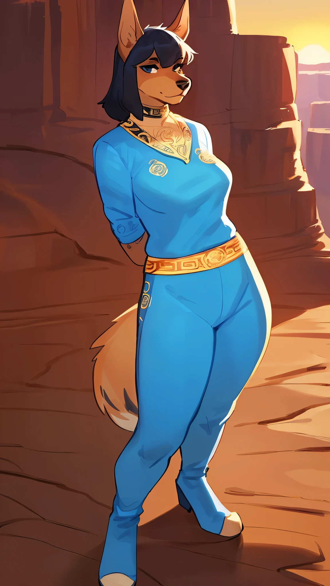 By bebebebebe, by lostgoose, by goonie-san, solo, standing, female, canine, dobermann, light fur, ((hair, snout, detailed eyes)), gold and blue professional outfit, skintight clothes, ((versace)), tail, hands behind back, cliffside, valley, canyon, sunrise