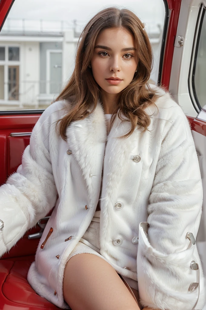 woman in (((white furr coat))), stylish pose, (((extremely detailed face, pretty face))), stylish, beautiful, solo, (((sitting in a red car)))