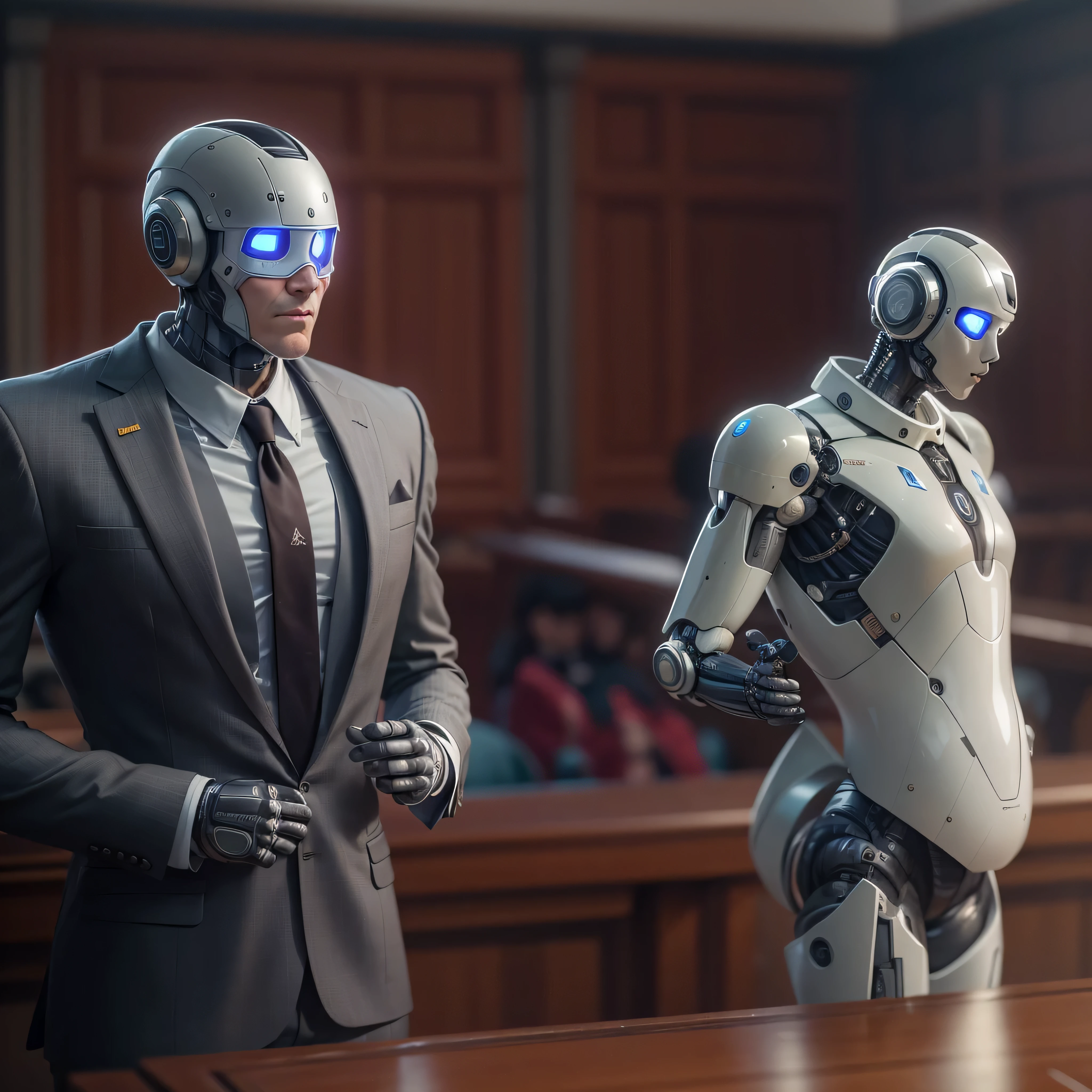 An artificial intelligence Lawyer robot, in a courtroom, and the robot is wearing a three piece suit, photo-realistic, octane render, unreal engine, ultra-realistic